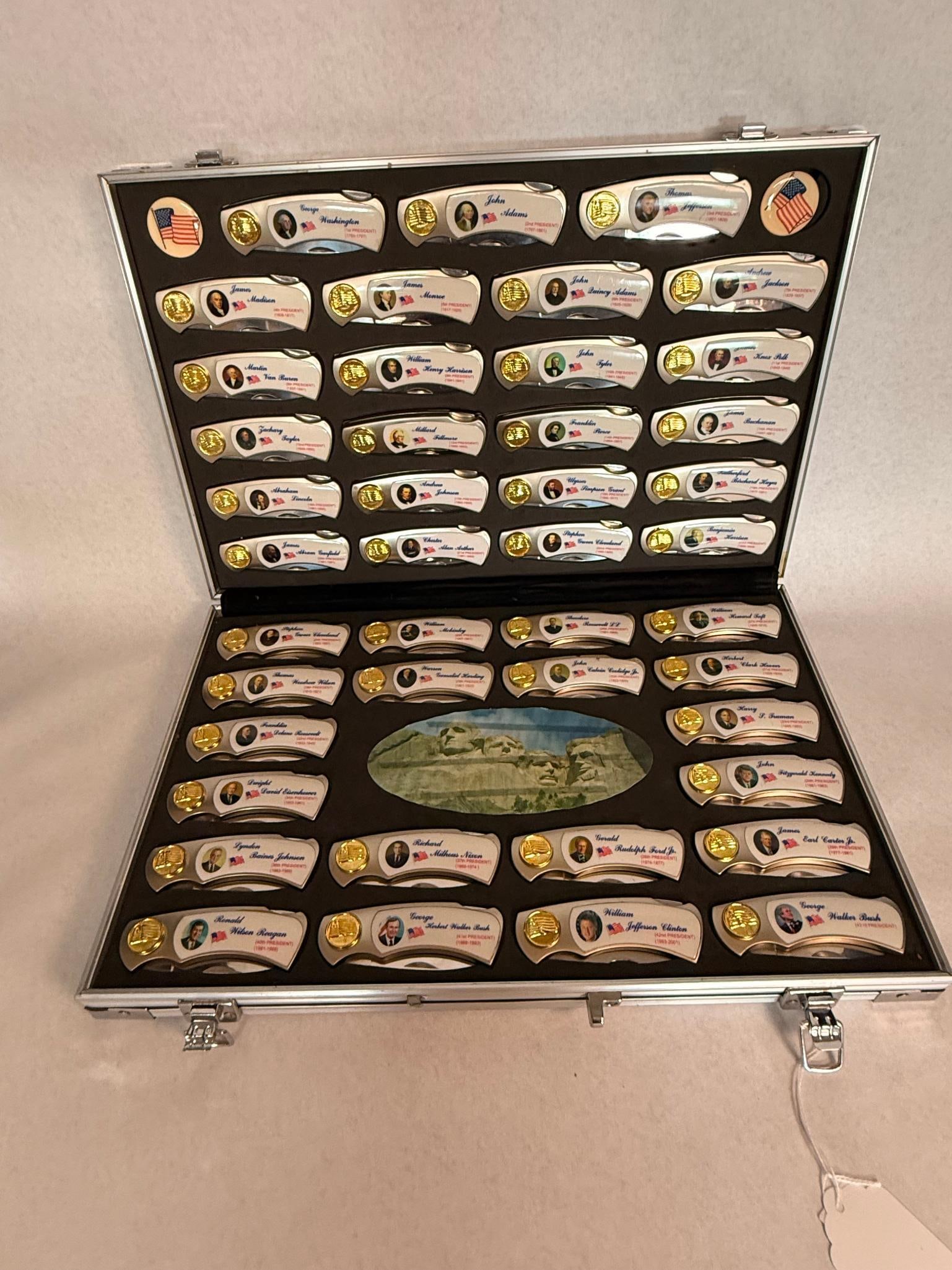 Set 43 U.S. Presidential Pocket Knives: A complete commemorative collection comprising 43 single-blade folding lockback pocket knives, each representing a United States President from George Washington to George W. Each knife is