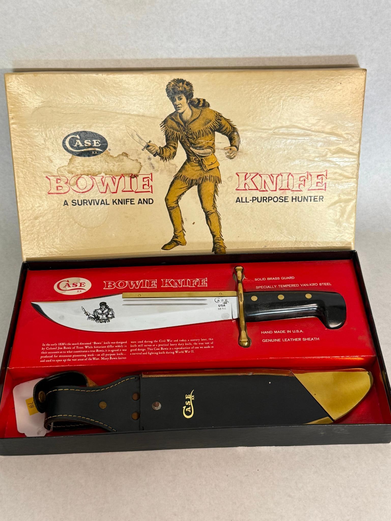 Case XX 1836 Commemorative Bowie Knife: This is a fixed-blade commemorative Bowie knife manufactured by Case XX in Bradford, Pennsylvania. The knife features a high-polished clip-point blade made from Van-Kro steel, characterized by a