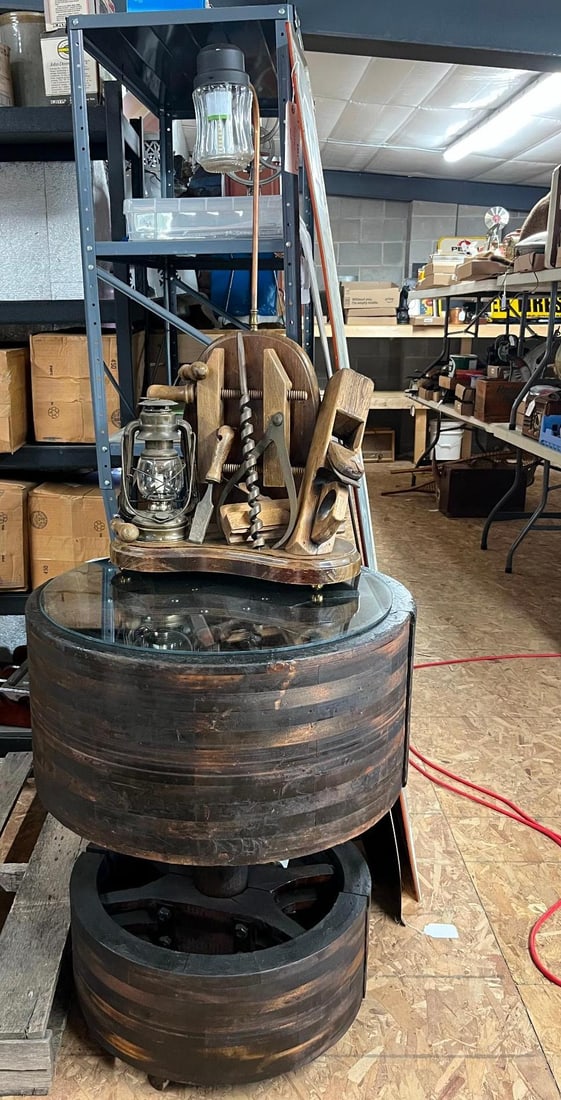 Industrial Folk Art Lamp/Table w/ Tools: A custom-made industrial folk art floor lamp and pedestal table assembly, constructed from antique woodworking tools and salvaged industrial components. The upper section serves as a lamp, featuring a