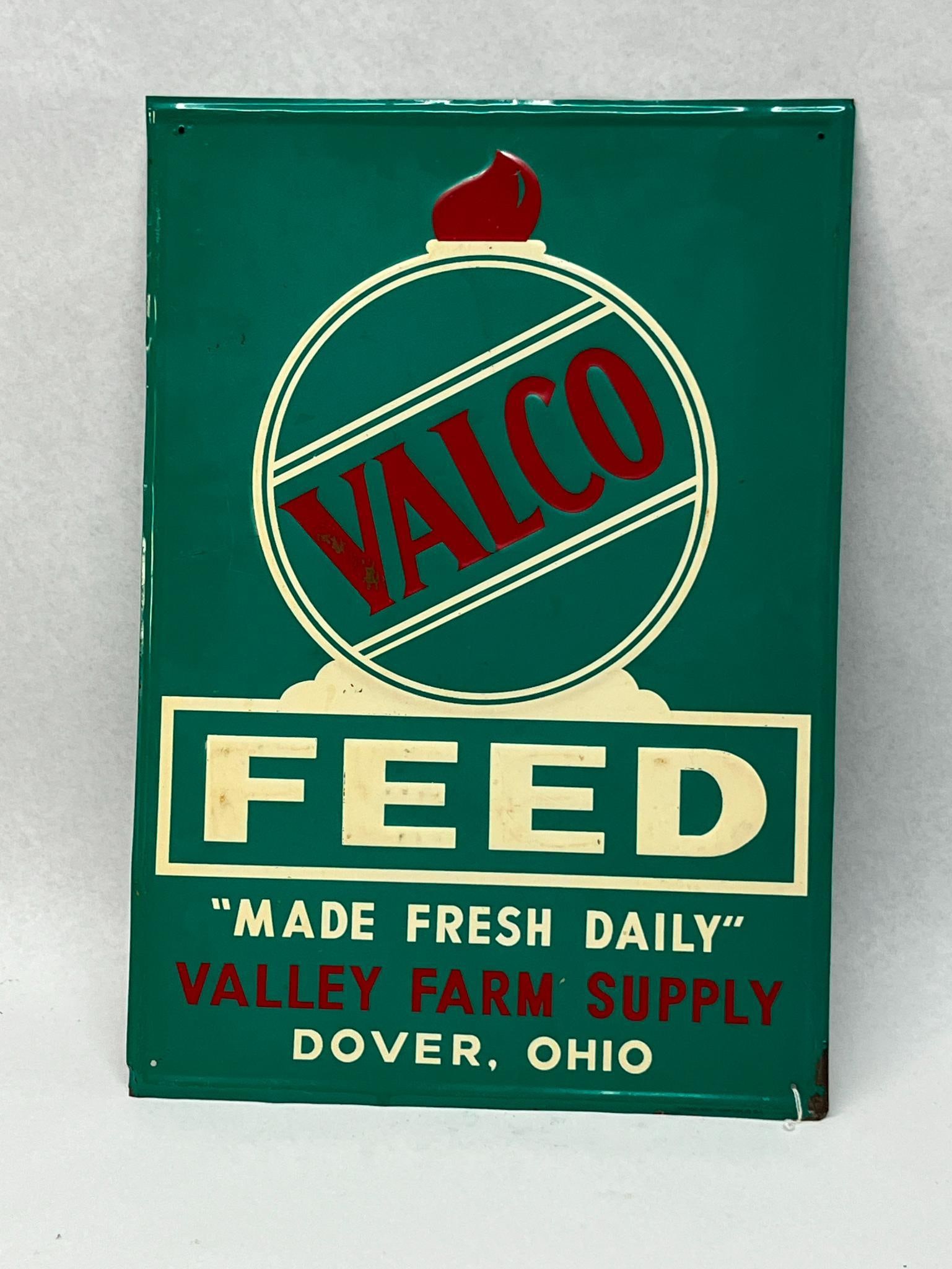 Valco Feed Valley Farm Supply Metal: A rectangular embossed tinplate advertising sign for Valco Feed, produced for Valley Farm Supply of Dover, Ohio. The lower section includes printed text reading MADE FRESH DAILY in cream, VALLEY FARM 