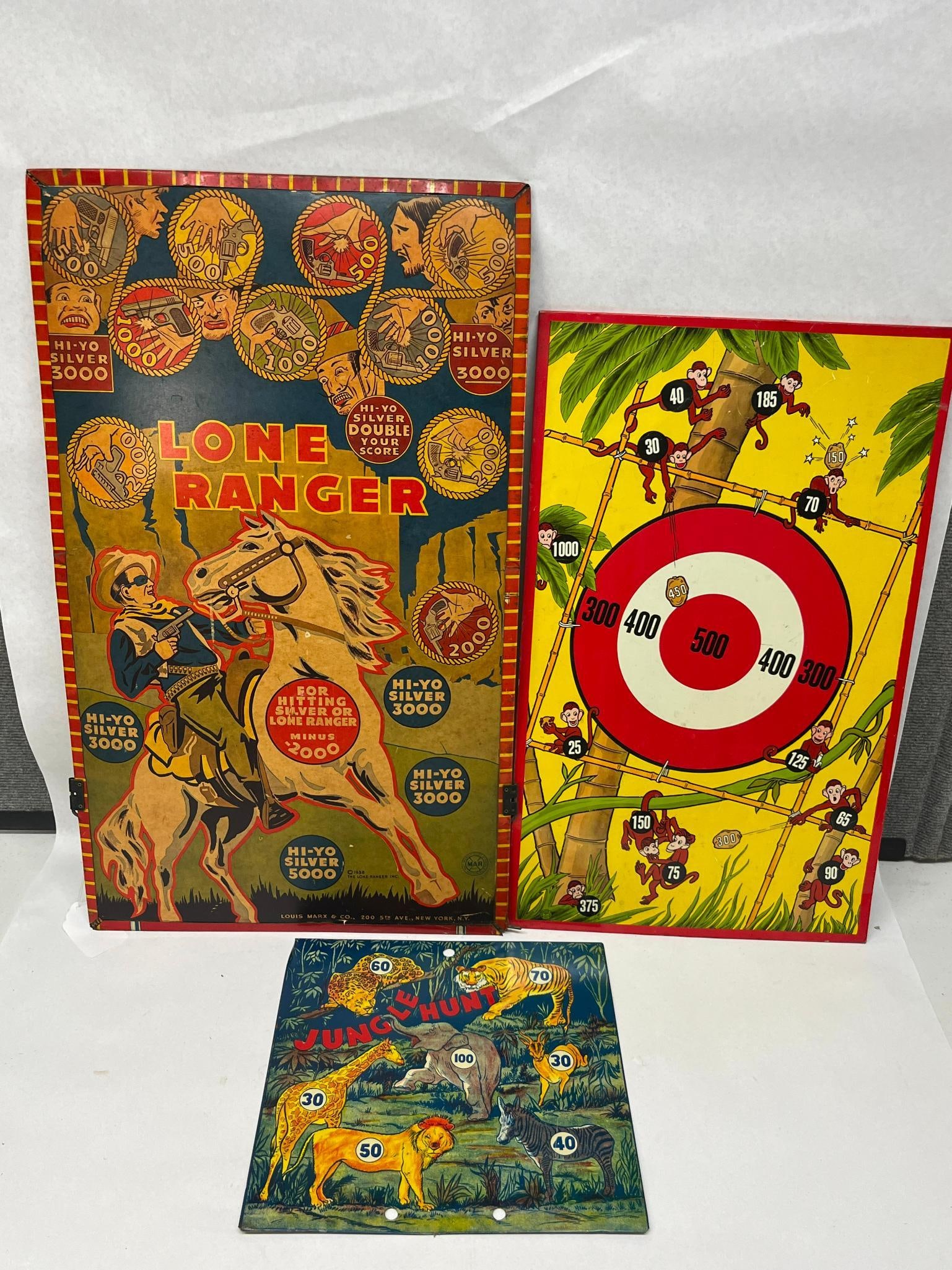 3 Louis Marx & Co. Target Gallery Games: This group consists of three lithographed target gallery games. A printed mark at the bottom edge reads LOUIS MARX and CO., 200 5TH AVE., NEW YORK, N.Y. along with a circular logo containing the