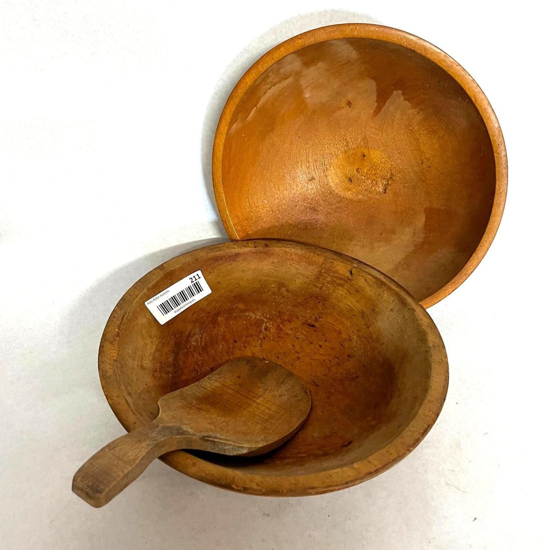 Munising Wood Bowls & Butter Paddle: A trio of wooden kitchen utility items consisting of two turned bowls and one butter paddle. The items are fashioned from natural wood with a warm golden-brown patina. One bowl displays three
