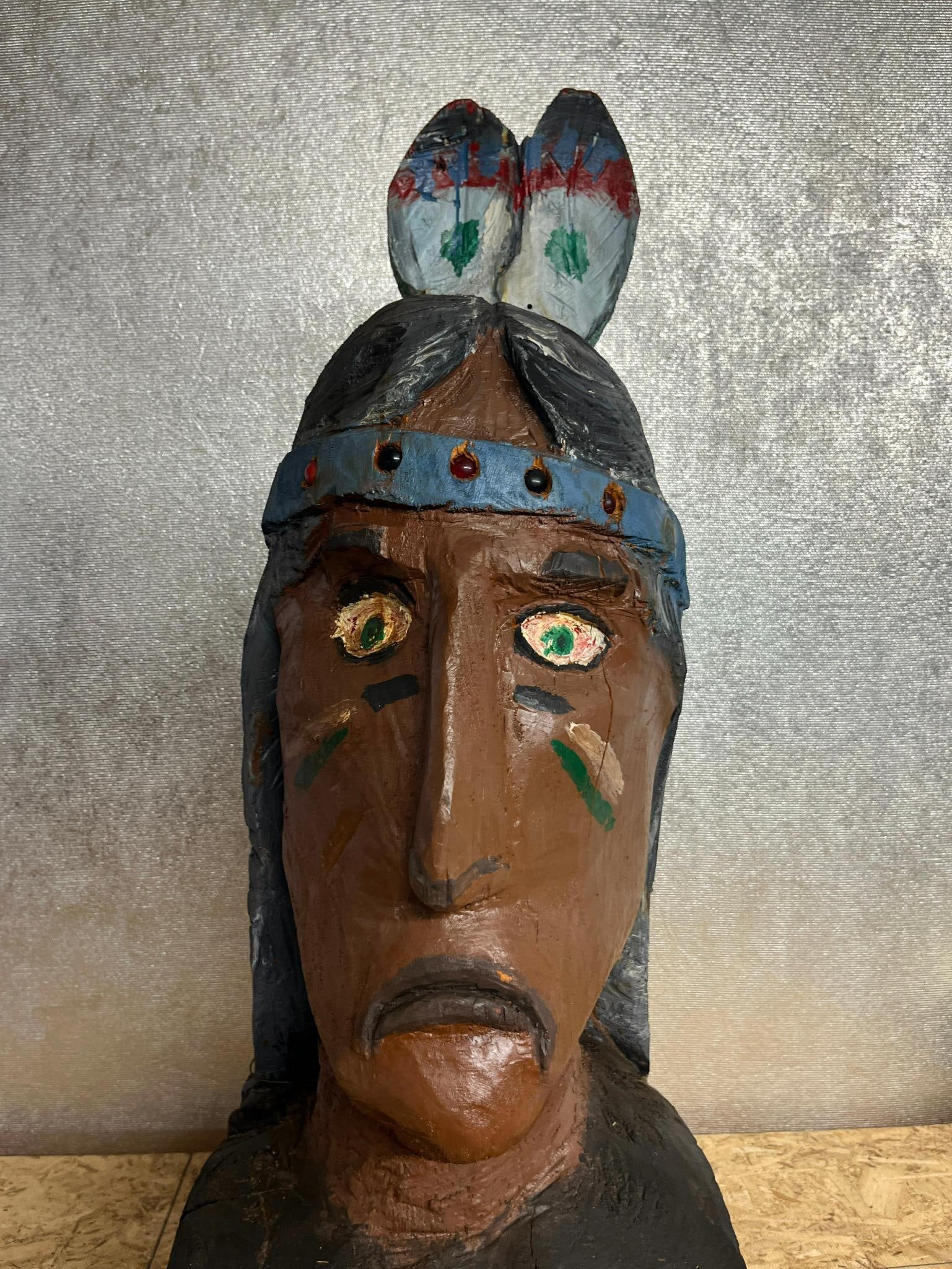 Polychrome Wood Native American Bust - 2