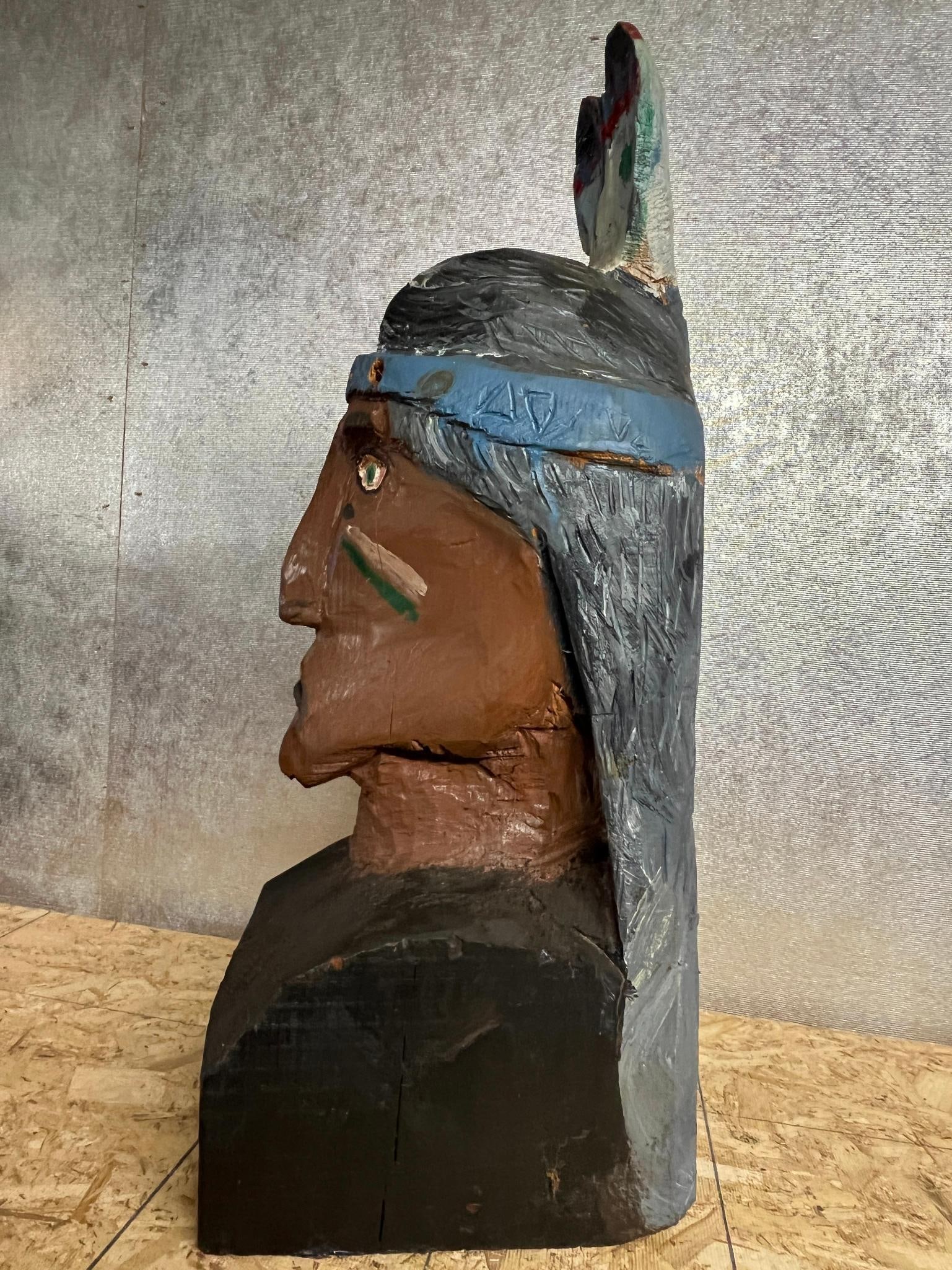 Polychrome Wood Native American Bust - 3
