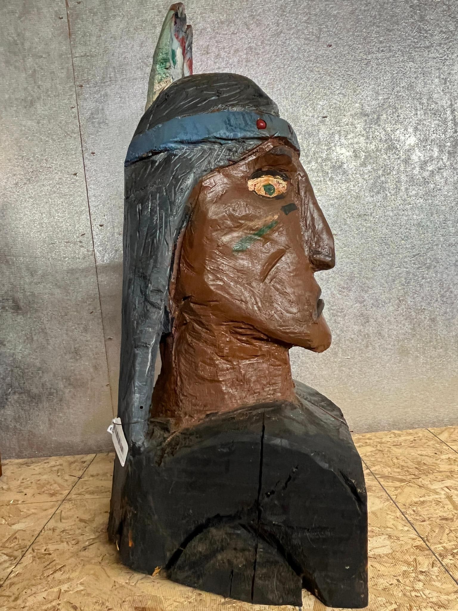 Polychrome Wood Native American Bust - 5