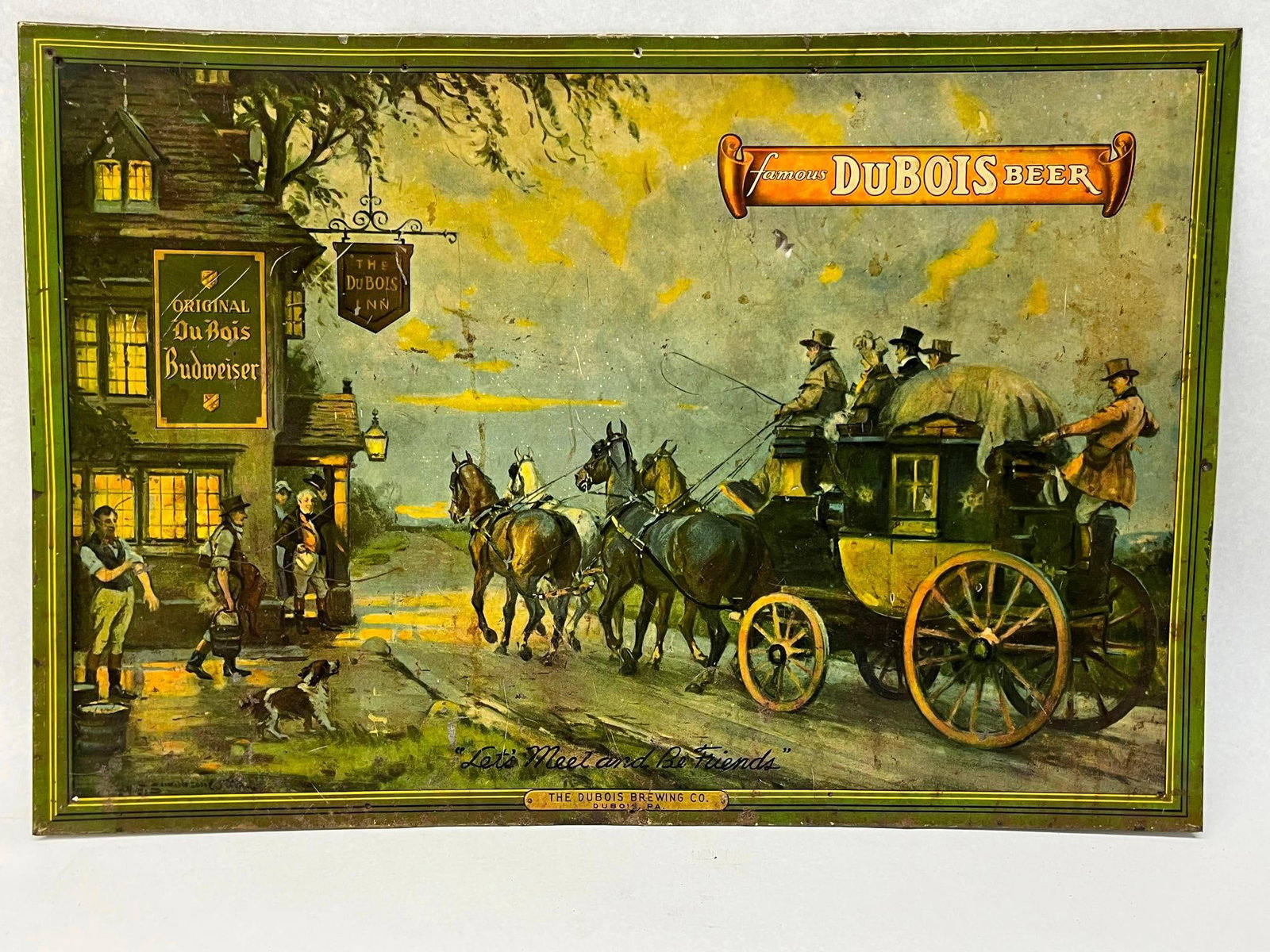 DuBois Brewing Co. Self-Framed Tin Sign: A lithographed tin advertising sign produced for the DuBois Brewing Company of DuBois, Pennsylvania. The tavern features an illuminated interior and a hanging sign reading THE DUBOIS INN. The upper ri