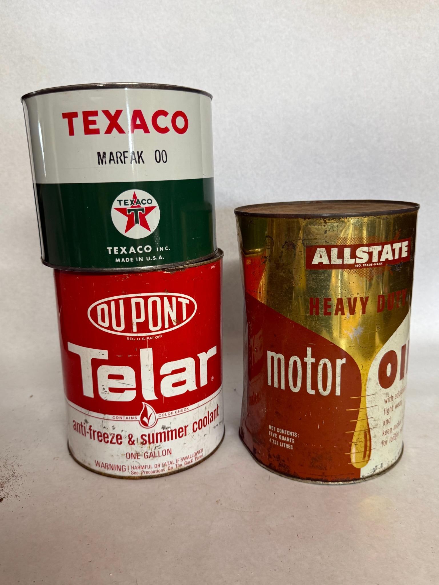 Set Texaco, DuPont & Allstate Auto Cans: A collection of three lithographed tin containers representing major American automotive brands. The green section displays a printed white circle containing the red Texaco star logo with a black