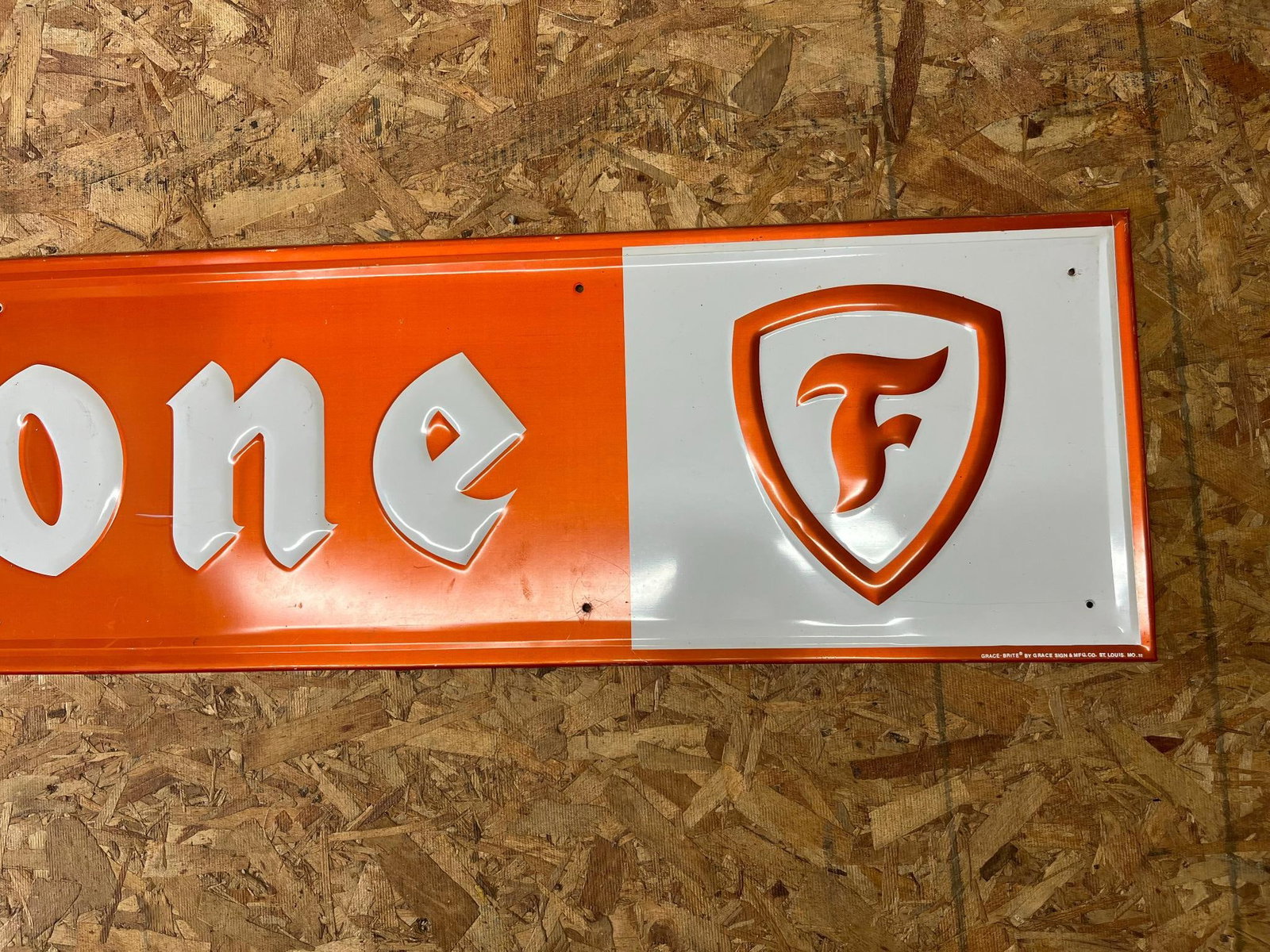 Firestone Embossed Tin Sign, Grace Mfg - 4