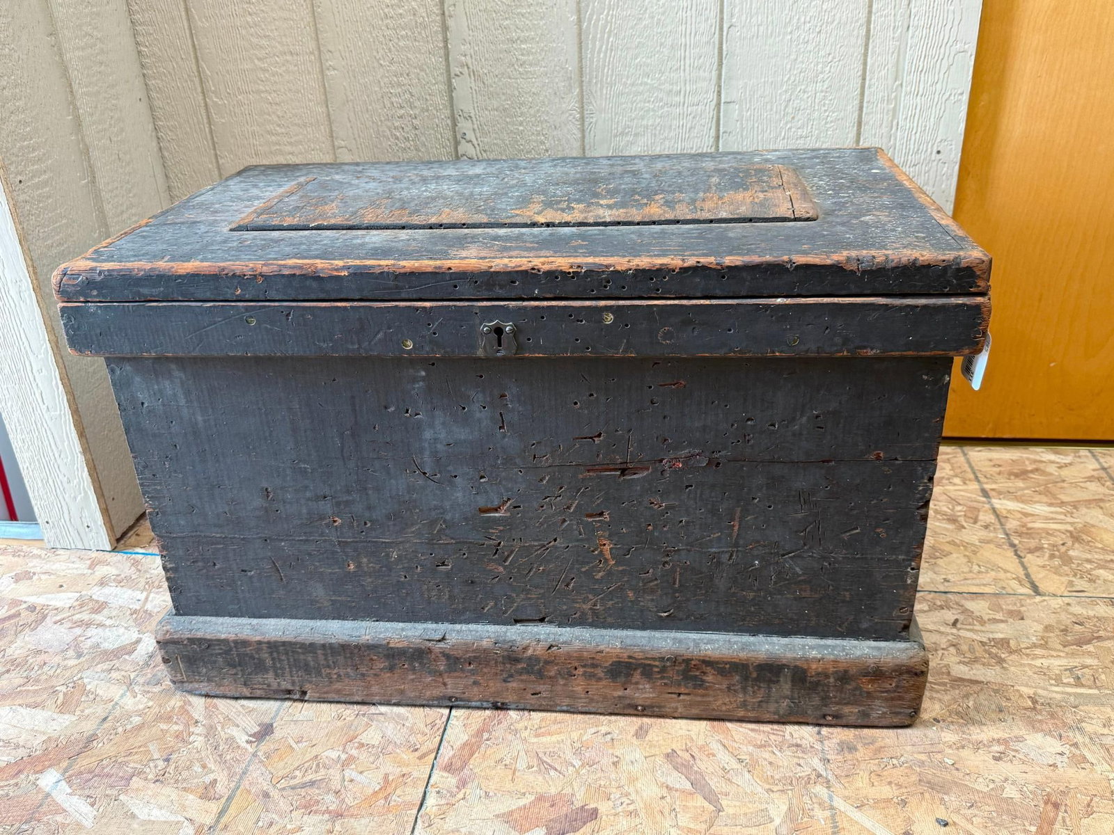 Painted Wood Tool Chest w/ Div Int: This antique utilitarian tool chest is constructed from a softwood, likely pine or poplar, featuring a black-painted exterior finish. The natural, unfinished wood interior contains a series of fixed w