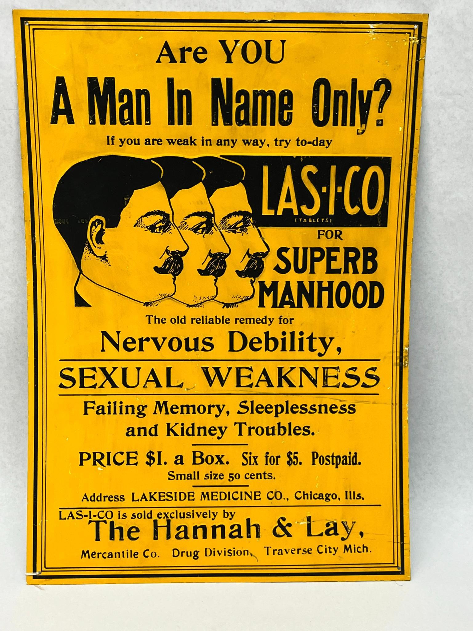 Las-I-Co Manhood Tin Lithograph Sign: This is an embossed tin-plated steel advertising sign for Las-I-Co tablets, a patent medicine product from the early 20th century. The layout includes several lines of promotional text, including the