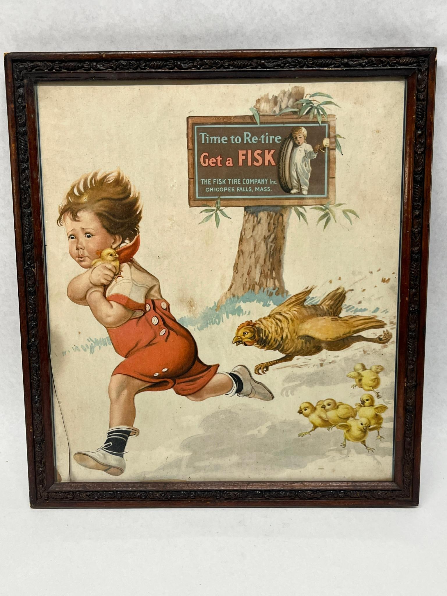 Fisk Tire Company Advertising Print: A chromolithographic advertisement for the Fisk Tire Company depicting a young child in red overalls running from a protective hen and her chicks while clutching one chick. The sign bears the printed 
