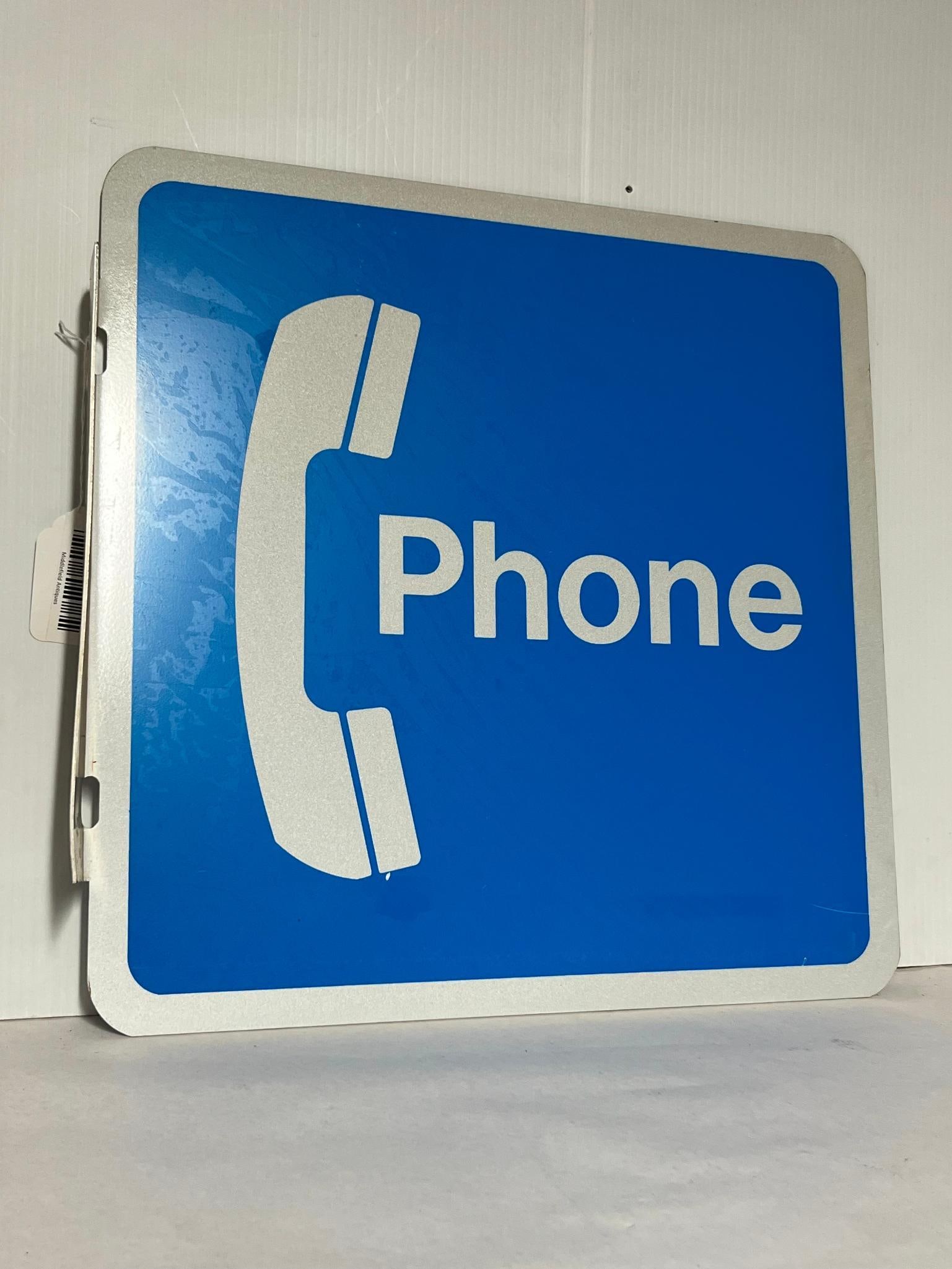 Double-Sided Public Telephone Sign: A double-sided metal flange advertising sign for a public telephone. The sign is square with rounded corners and features a blue background with a white border. Dimensions: 18 in. L.