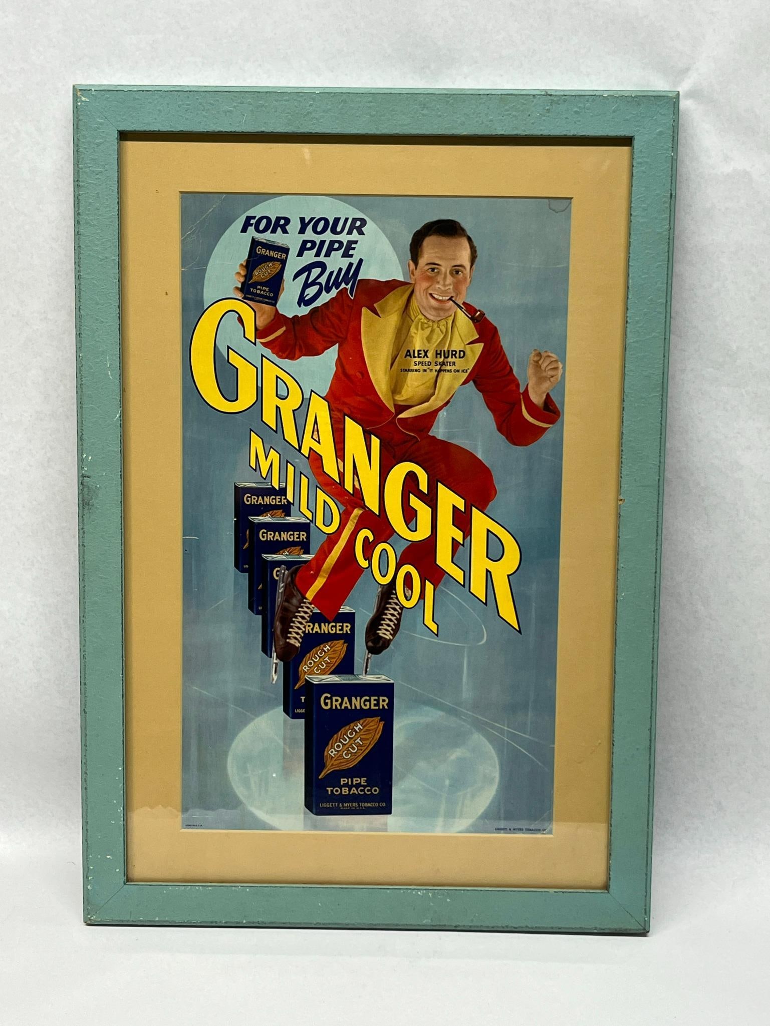 Alex Hurd Liggett & Myers Granger Print: A color offset lithograph advertising print for Granger Rough Cut Pipe Tobacco, dating to circa 1940-1941. Large yellow block lettering reads GRANGER while smaller text in yellow and white reads MILD