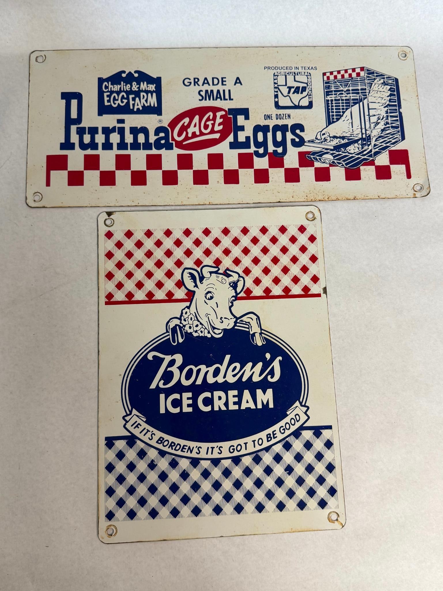 Pair Purina & Borden's Metal Signs: This lot features two retro-style lithographed metal advertising signs highlighting iconic American brands. It features a cream field with a blue cartouche in the upper left corner reading Charlie &