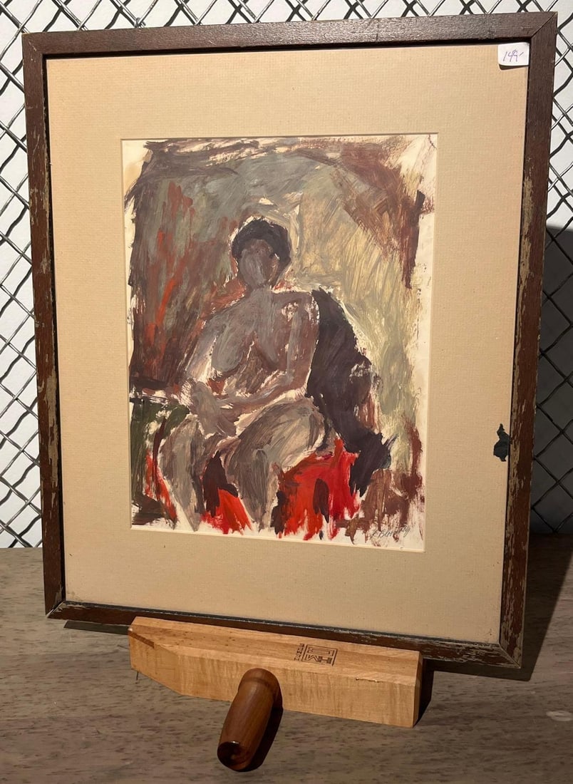K Bloomberg Seated Nude Study Painting: This expressive figurative work by K Bloomberg depicts a seated female nude in a gestural modernist style. The composition is rendered with broad, energetic brushwork in a palette of muted grays, eart