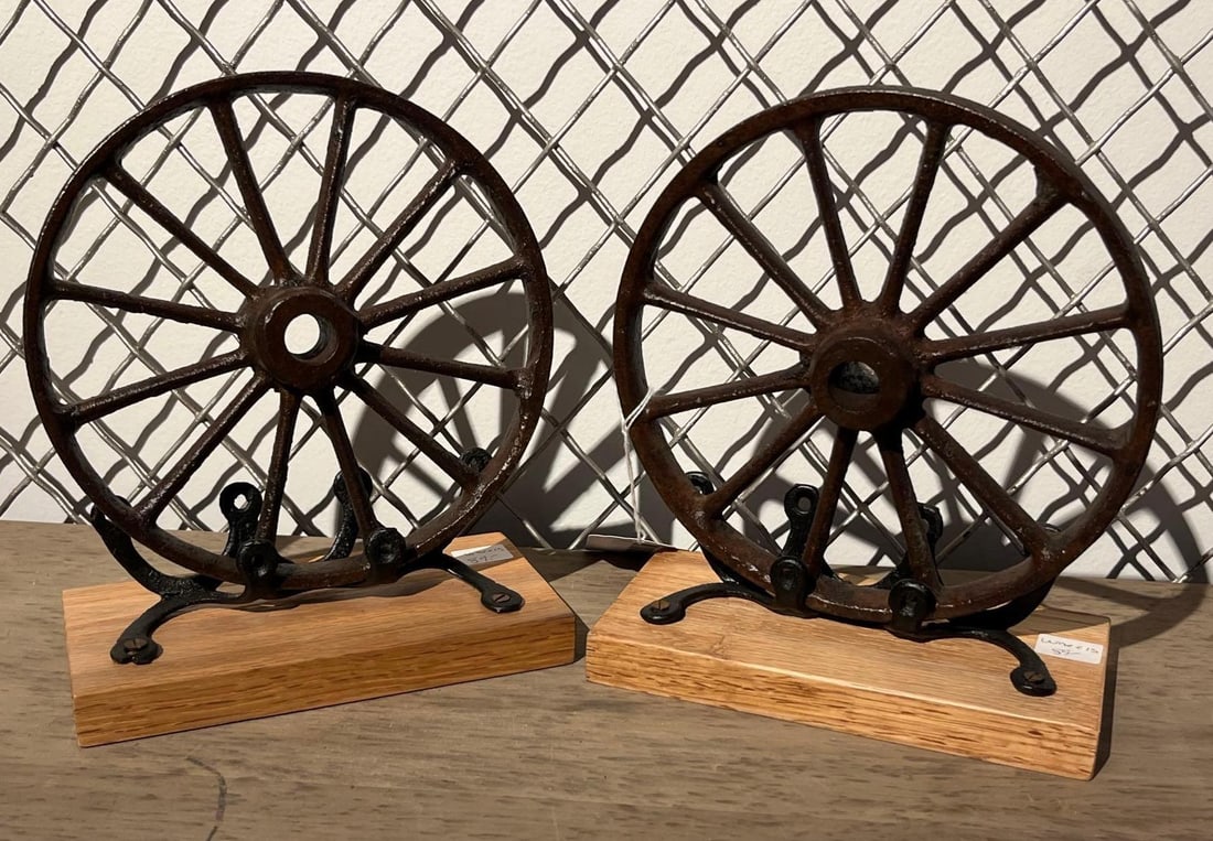 Pair Cast Iron Wheel Bookends on Oak (1 of 5)