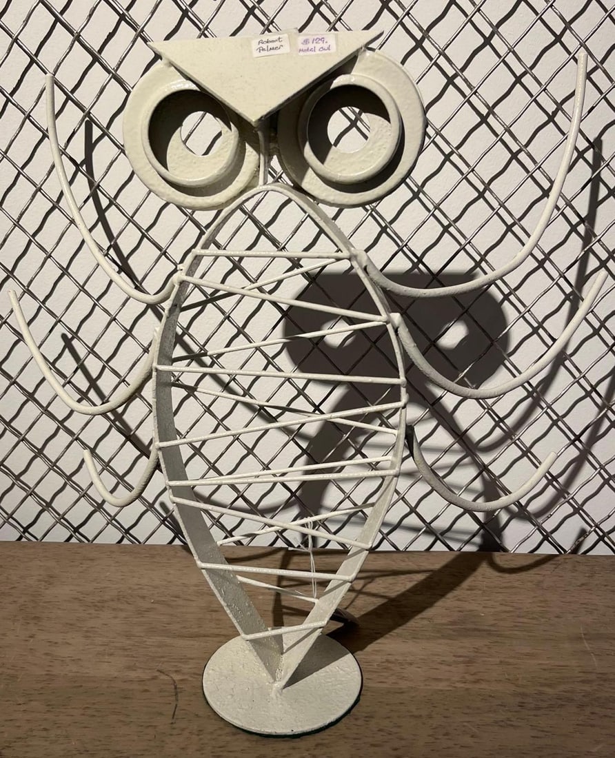 Robert Palmer Metal Owl Sculpture: A modernist metal sculpture of a stylized owl, finished in a heavily textured white paint. The piece is constructed from welded metal components, including a vertically oriented, openwork torso framed