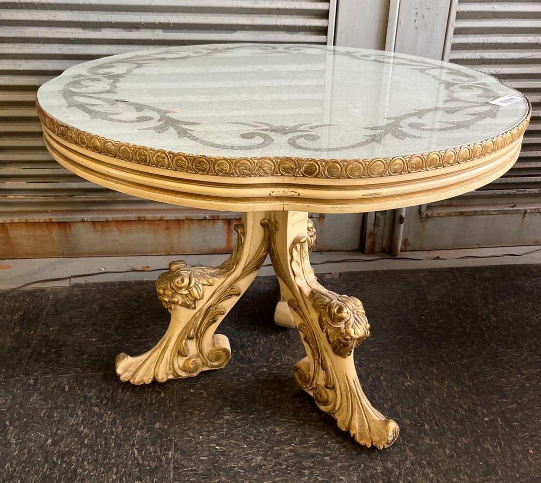 Rococo Revival Pedestal Center Table: A circular Rococo Revival style center or accent table, likely dating to the mid-20th century. The piece features a tripod pedestal base constructed of carved wood or molded composite, finished in an