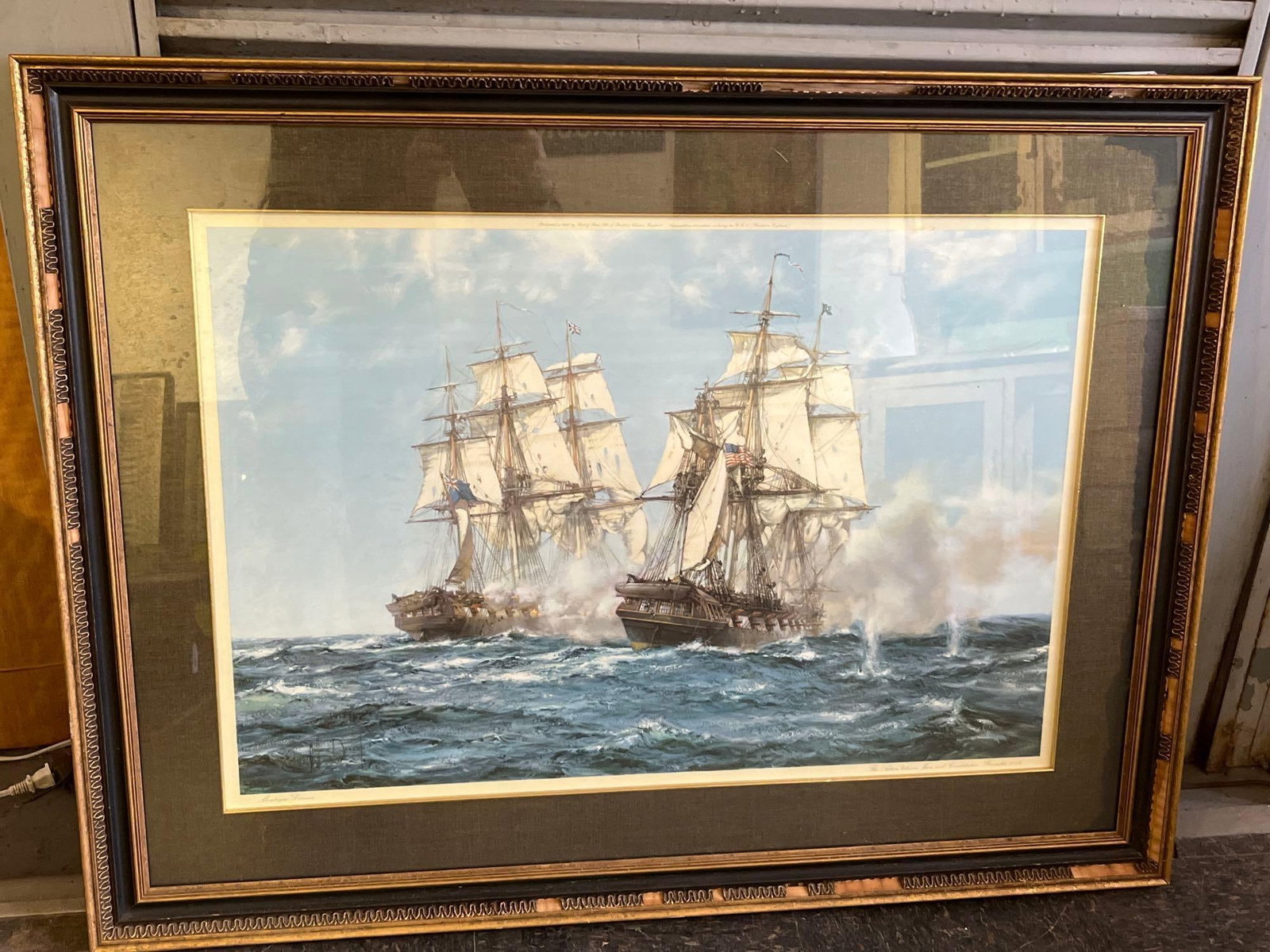 Dawson, Java & Constitution, Lithograph: This color offset lithograph after an original painting by Montague Dawson depicts a naval battle titled The Action between Java and Constitution, December 1812. The scene illustrates the engagement b