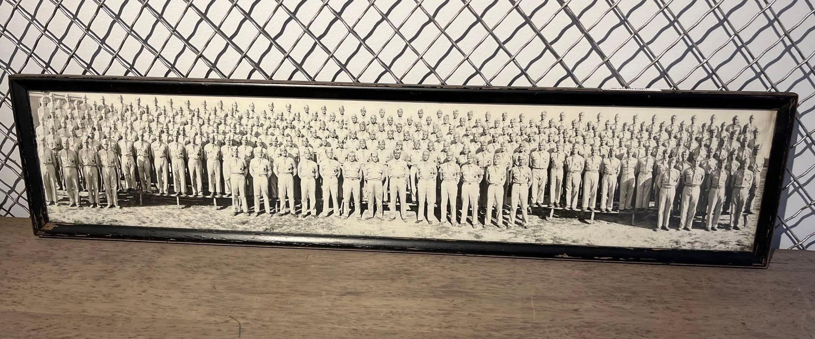 WWII US Signal Corps Panoramic Photo: This is a black and white panoramic photograph of a large company of United States Army soldiers posed outdoors on tiered wooden benches. The soldiers are dressed in summer khaki service uniforms