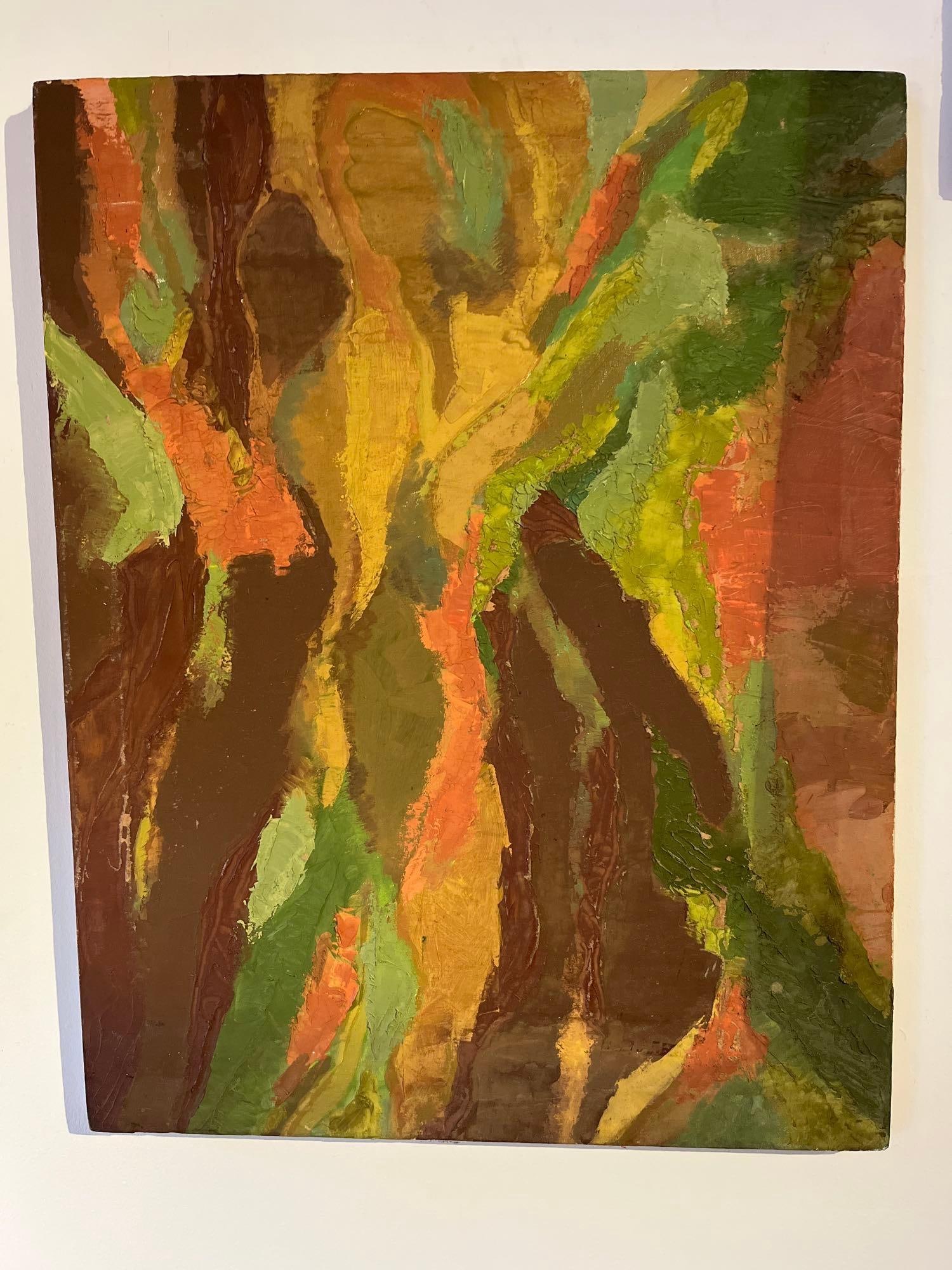 K. Gulp Abstract Expressionist Oil on Canvas: An abstract expressionist work in oil on stretched canvas. The composition features vertical, gestural forms executed in a heavy impasto technique with a palette knife, creating a dense, tactile surfa