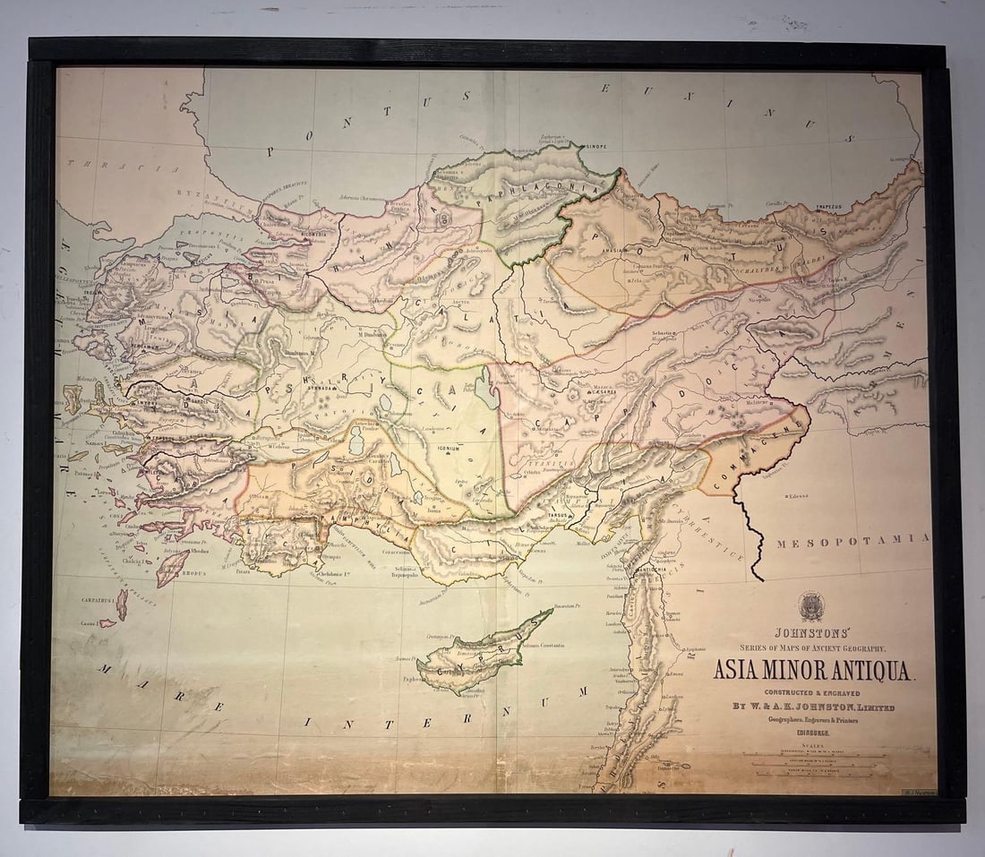 W. & A.K. Johnston Asia Minor Wall Map: This large-format color lithograph wall map, designed in the style of an engraving, depicts the classical geography of the Anatolian peninsula, including regions such as Lydia, Lycia, Phrygia,
