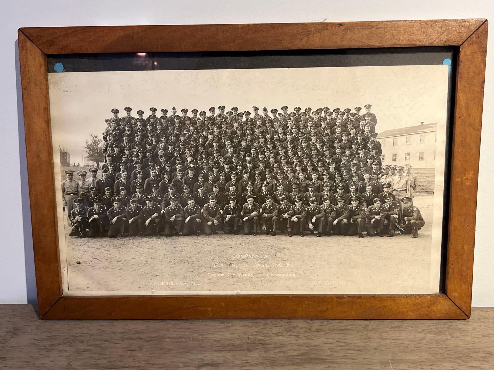 US Army 9201st Group Photograph 1948: A black and white group military portrait photograph featuring Company A of the 9201st Transportation Service Unit (TSU) - Transportation Corps (TC) Basic Training Battalion. The image depicts