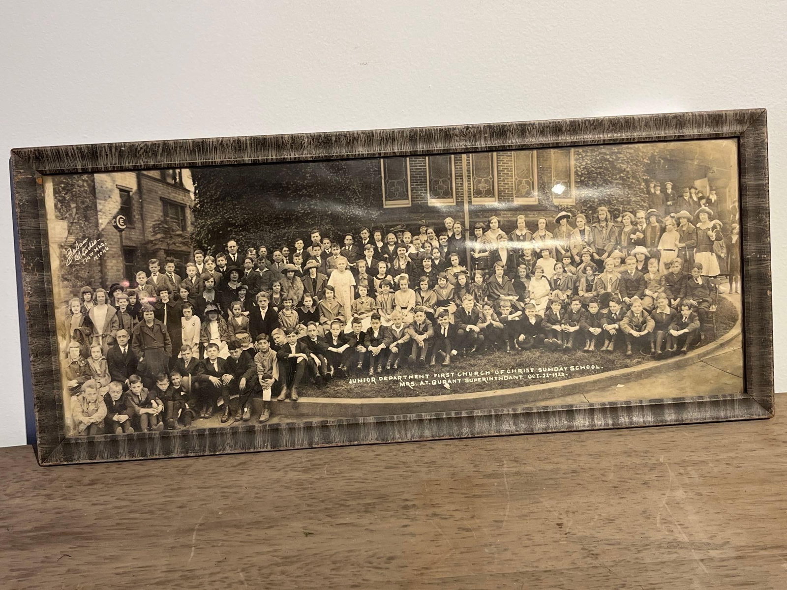 Be Saw Studio Sunday School Print 1922: A panoramic silver gelatin group portrait depicting the Junior Department of the First Church of Christ Sunday School, dated October 22, 1922. The photograph features a large assembly of over one hund
