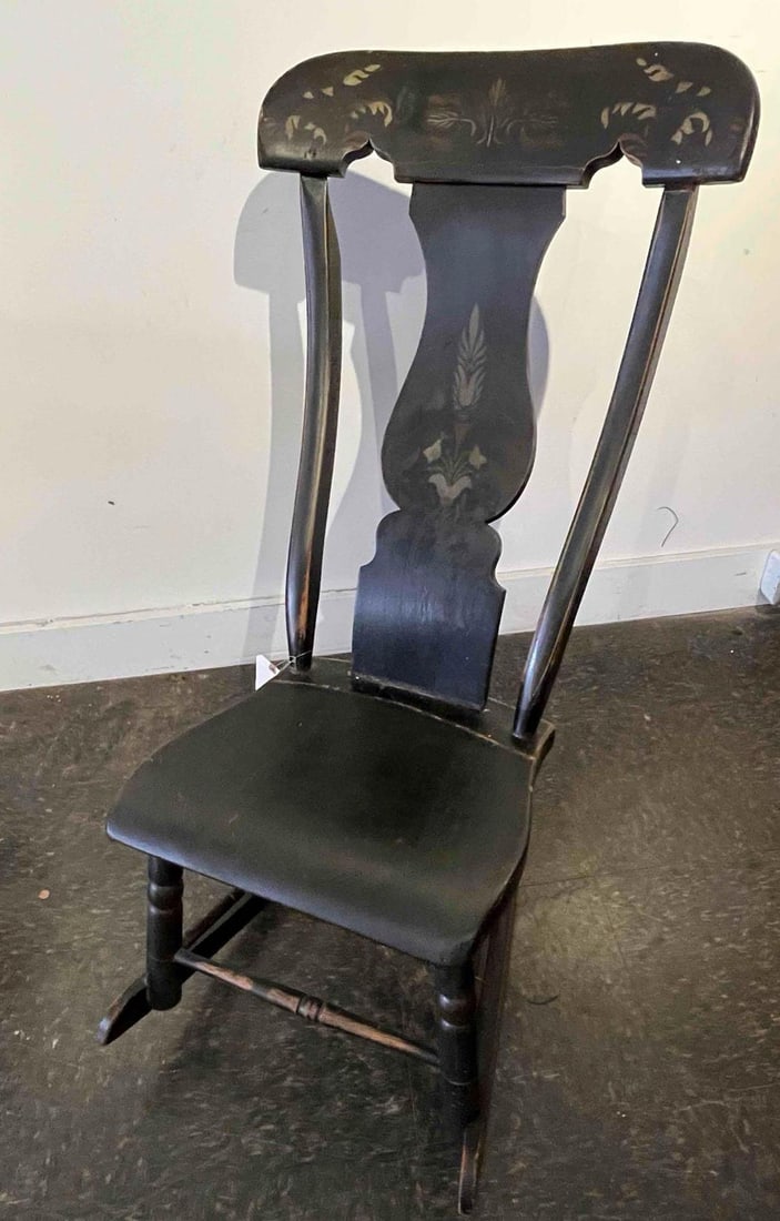 Mid-19th C. Amer. Painted Boston Rocker: An American rocking chair in the Boston Rocker style, constructed from wood and dating to the mid-19th century. The chair features a high back with a wide, shaped crest rail above a central vase-shape
