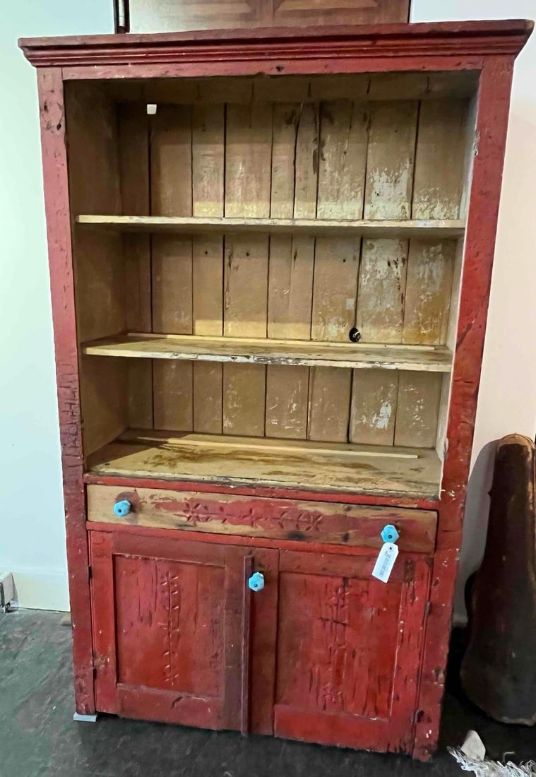 American Red Painted Step-Back Cupboard (1 of 7)