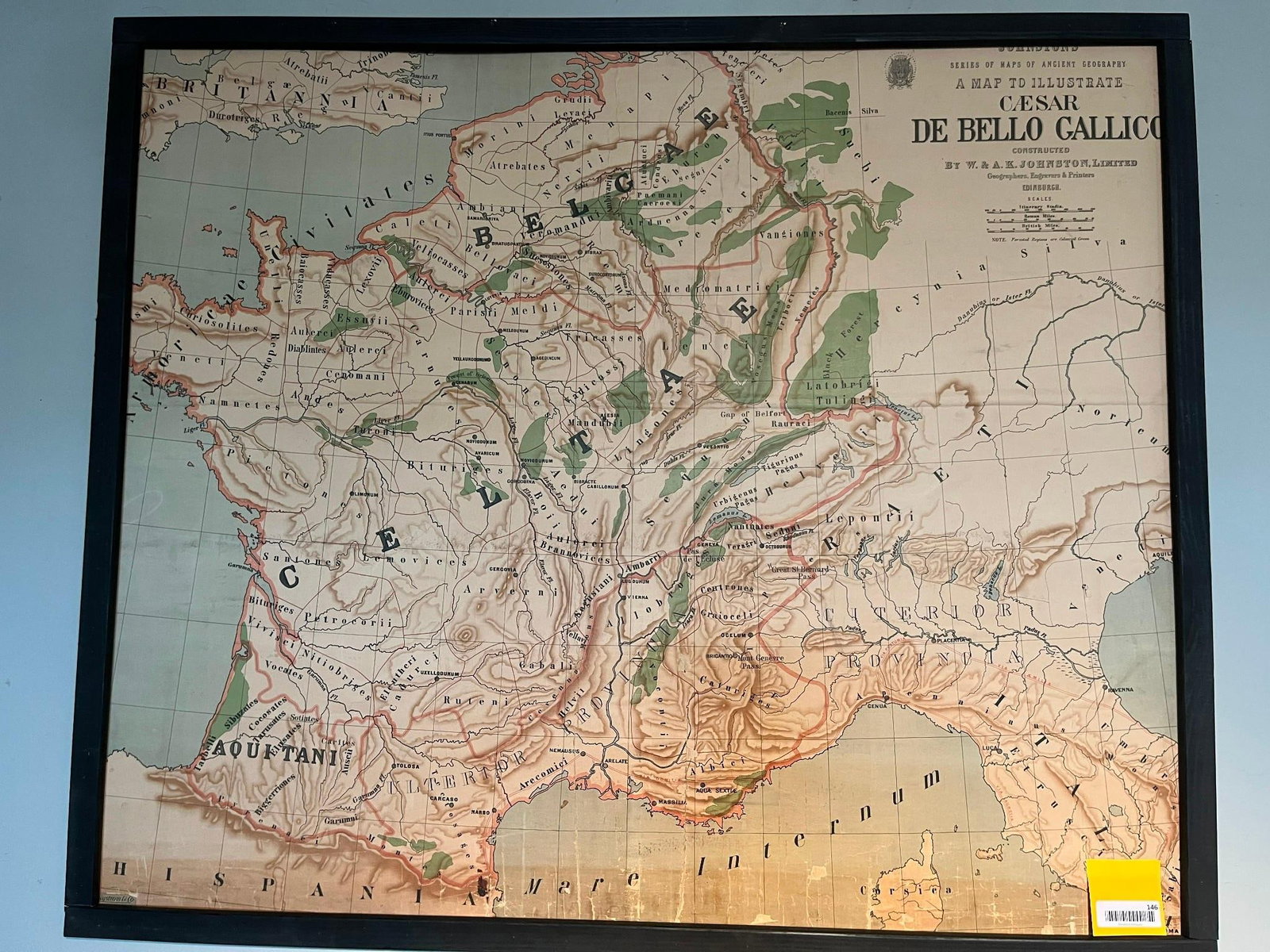 W. & A. K. Johnston Caesar Gallico Map: This color lithograph map, titled A Map to Illustrate Caesar De Bello Gallico, depicts the tribal territories and geography of ancient Gaul as described in Julius Caesar's Commentaries on the Gallic
