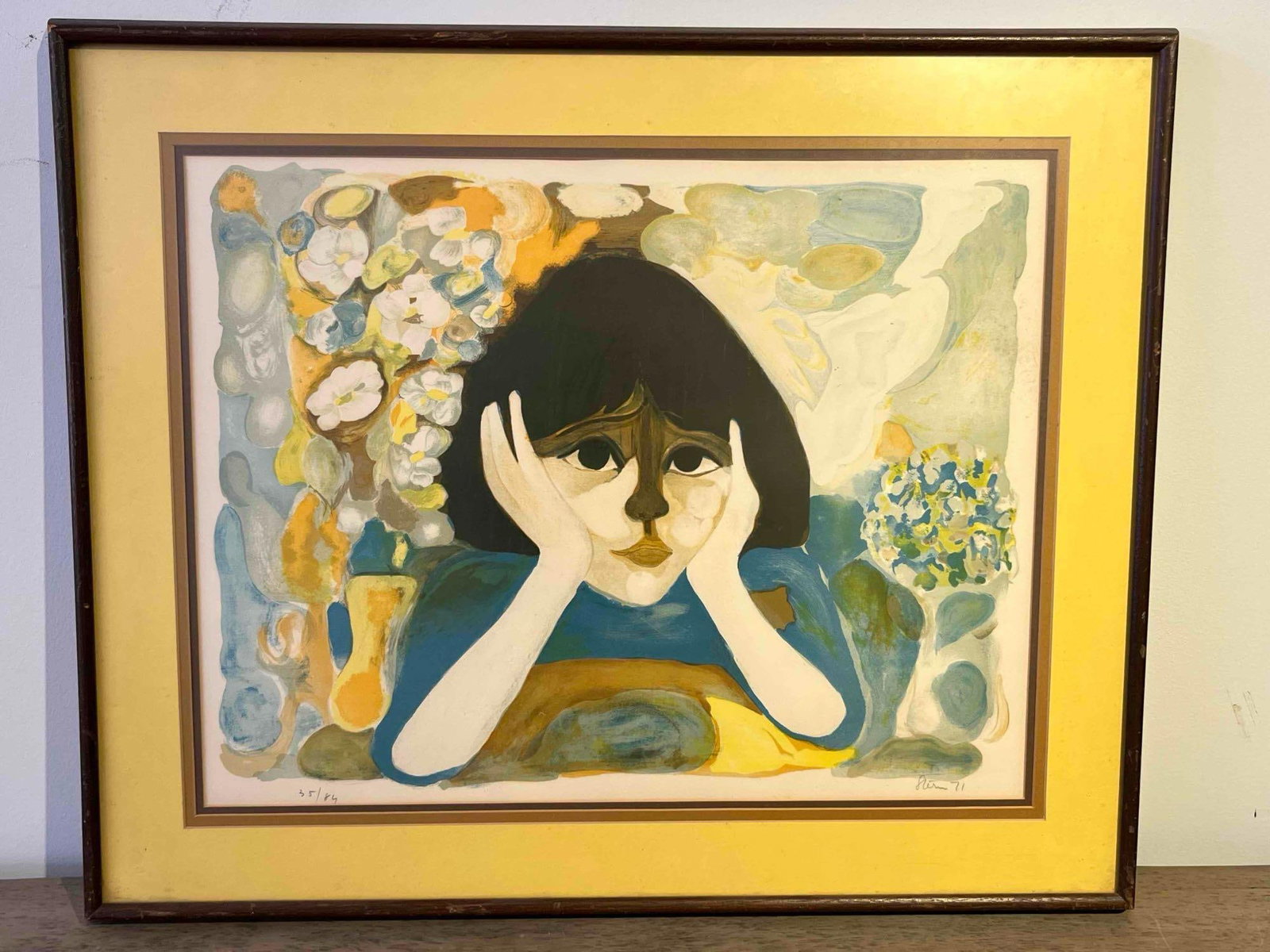 Bernard Stern Young Girl Lithograph: This color lithograph on paper depicts a stylized, melancholic portrait of a young girl with dark hair, wide eyes, and her chin resting in her hands. The central figure is surrounded by a background o