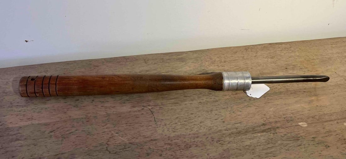 Mid-20th C. Woodturning Burnisher Tool: This specialty woodturning hand tool is designed as a burnisher or forming tool for use with a lathe. The construction consists of a long, turned hardwood handle joined to a steel rod by a cast metal