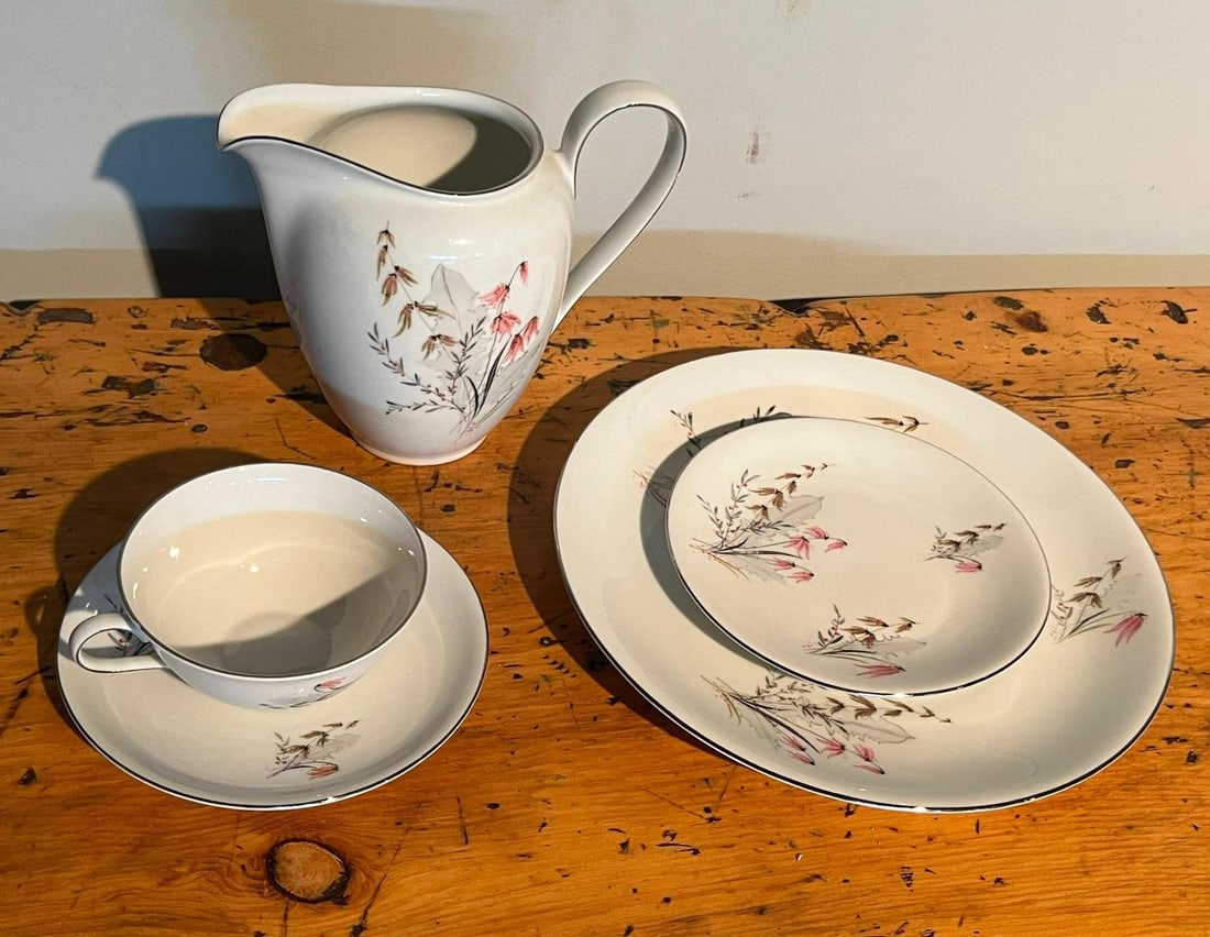 Royal Duchess Mtn Bell Porc. Tableware: This set of fine porcelain tableware was manufactured in Bavaria, Germany, and features the botanical Mountain Bell pattern. The collection includes a large pitcher, a dinner plate, a dessert plate,