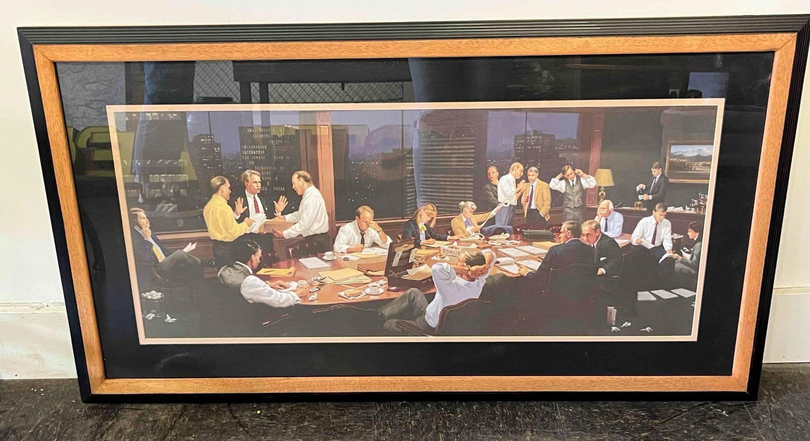 Panoramic Boardroom Offset Lithograph: A large-scale panoramic offset lithograph depicting a late-night corporate boardroom scene. The composition features a multitude of figures in business attire shown in various states of fatigue and in