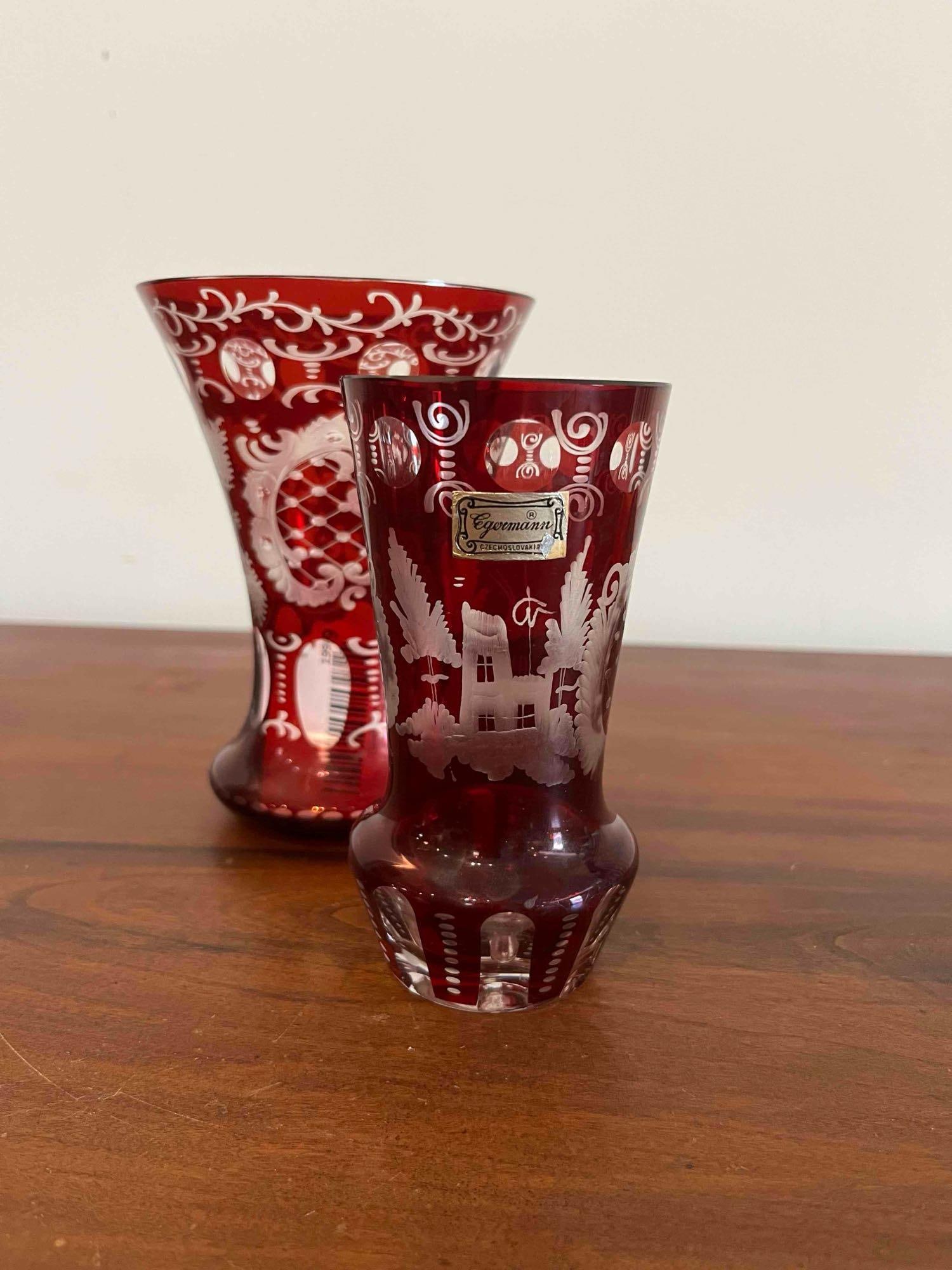 Pair Egermann Ruby Cut-to-Clear Vases - 2