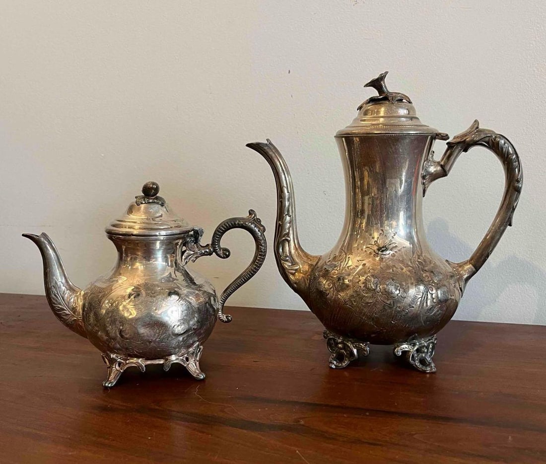 Pair English Repousse Tea & Coffee Pots (1 of 6)