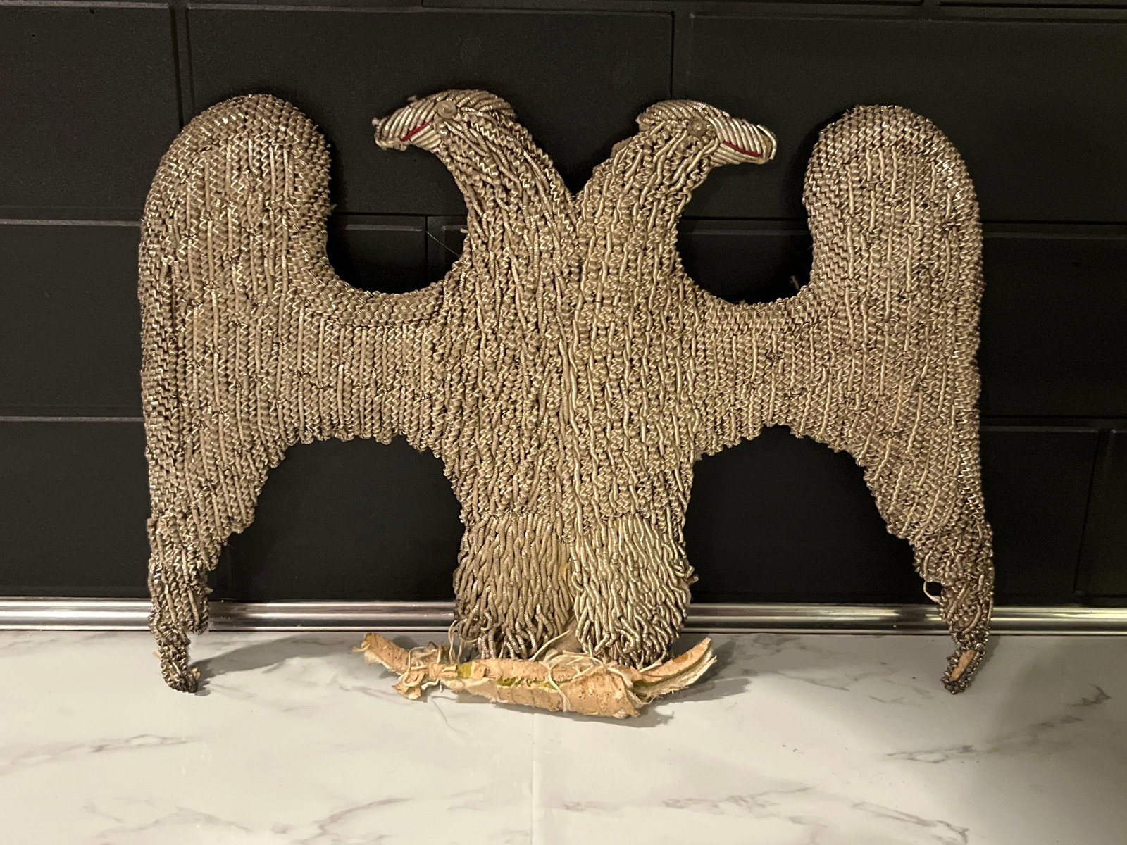 Austro-Hungarian Bullion Eagle Insignia: An Imperial Austro-Hungarian double-headed eagle applique, constructed using silver-toned metallic bullion wire. This large-scale piece was likely used for a significant military accessory such as an
