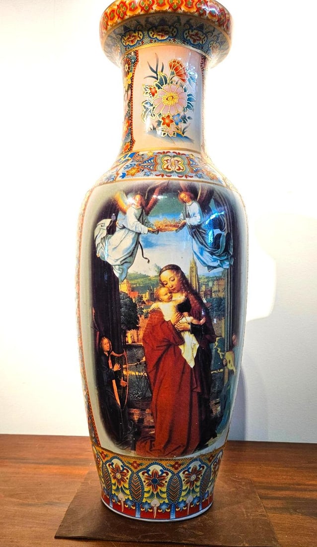 K.O.K China Porc. Madonna & Child Vase: A large Chinese porcelain floor vase of baluster form featuring a waisted neck and a wide, flared rim. The exterior is decorated with two central cartouches containing transfer-printed reproductions o