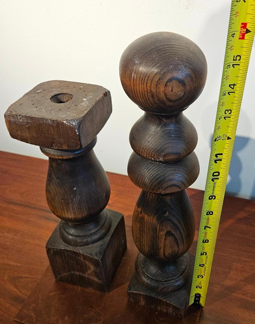 Pair Turned Wood Newel Post Elements - 2
