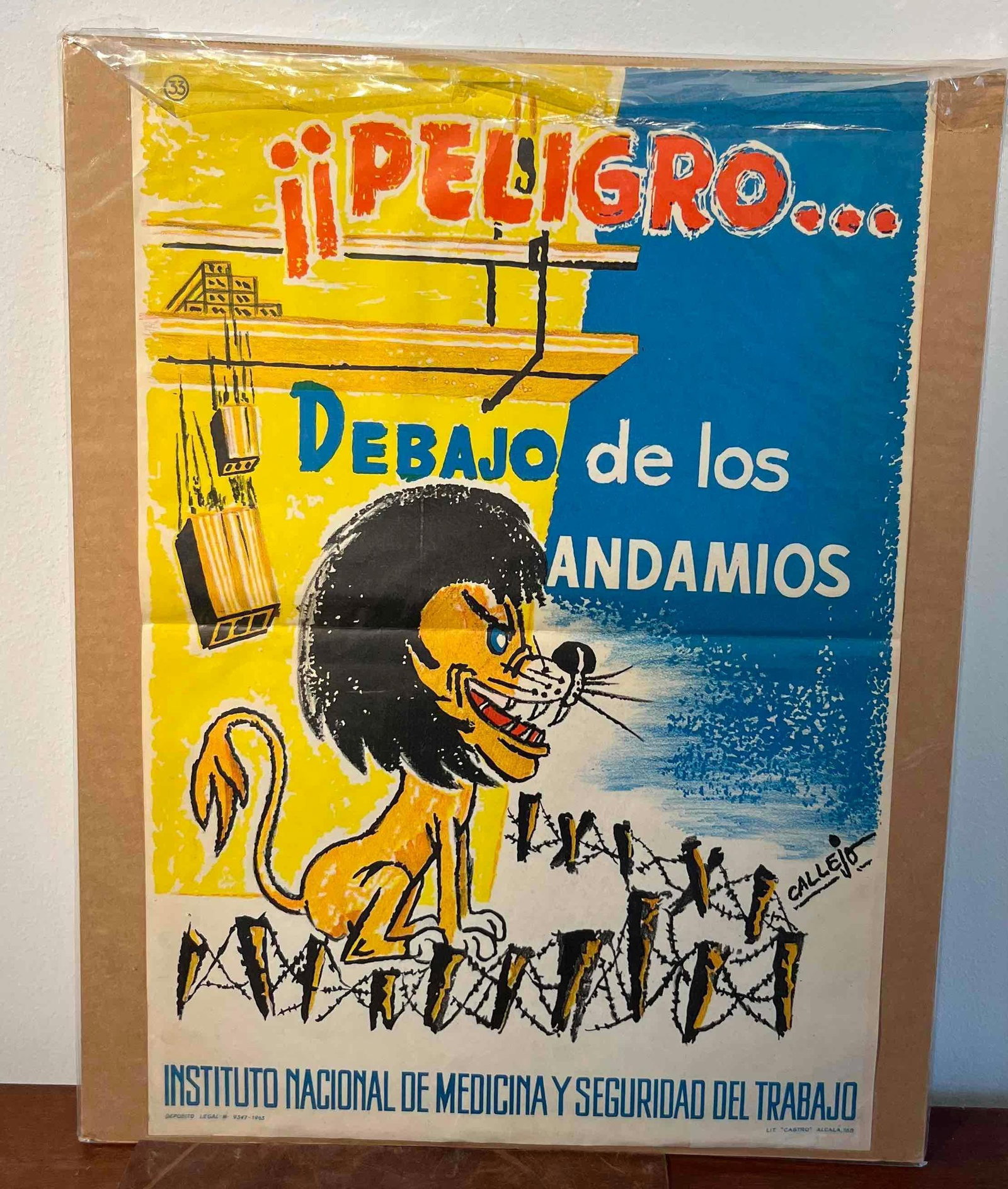 Callejo, Safety Lithograph Poster, 1963: This Spanish offset lithograph poster serves as an industrial safety advertisement issued by the Instituto Nacional de Medicina y Seguridad del Trabajo. The graphic design features a stylized cartoon 