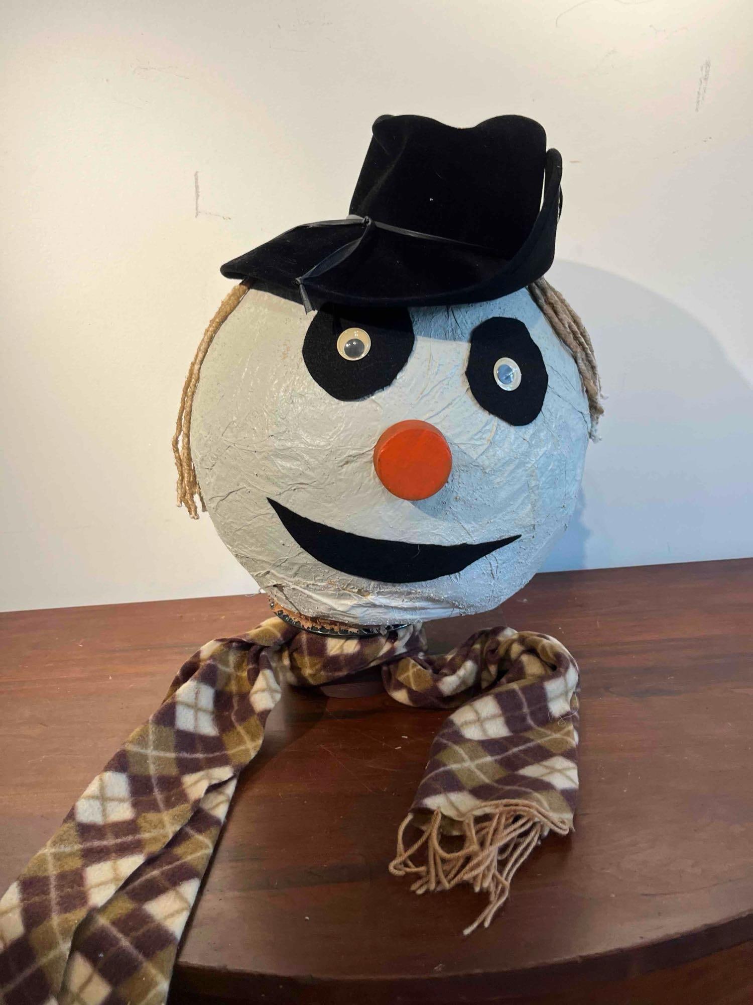 Handcrafted Scarecrow Head, Hat & Scarf: A handcrafted seasonal decorative folk art head, likely representing a scarecrow or snowman figure. The piece consists of a large, spherical head constructed from a white-painted, textured material