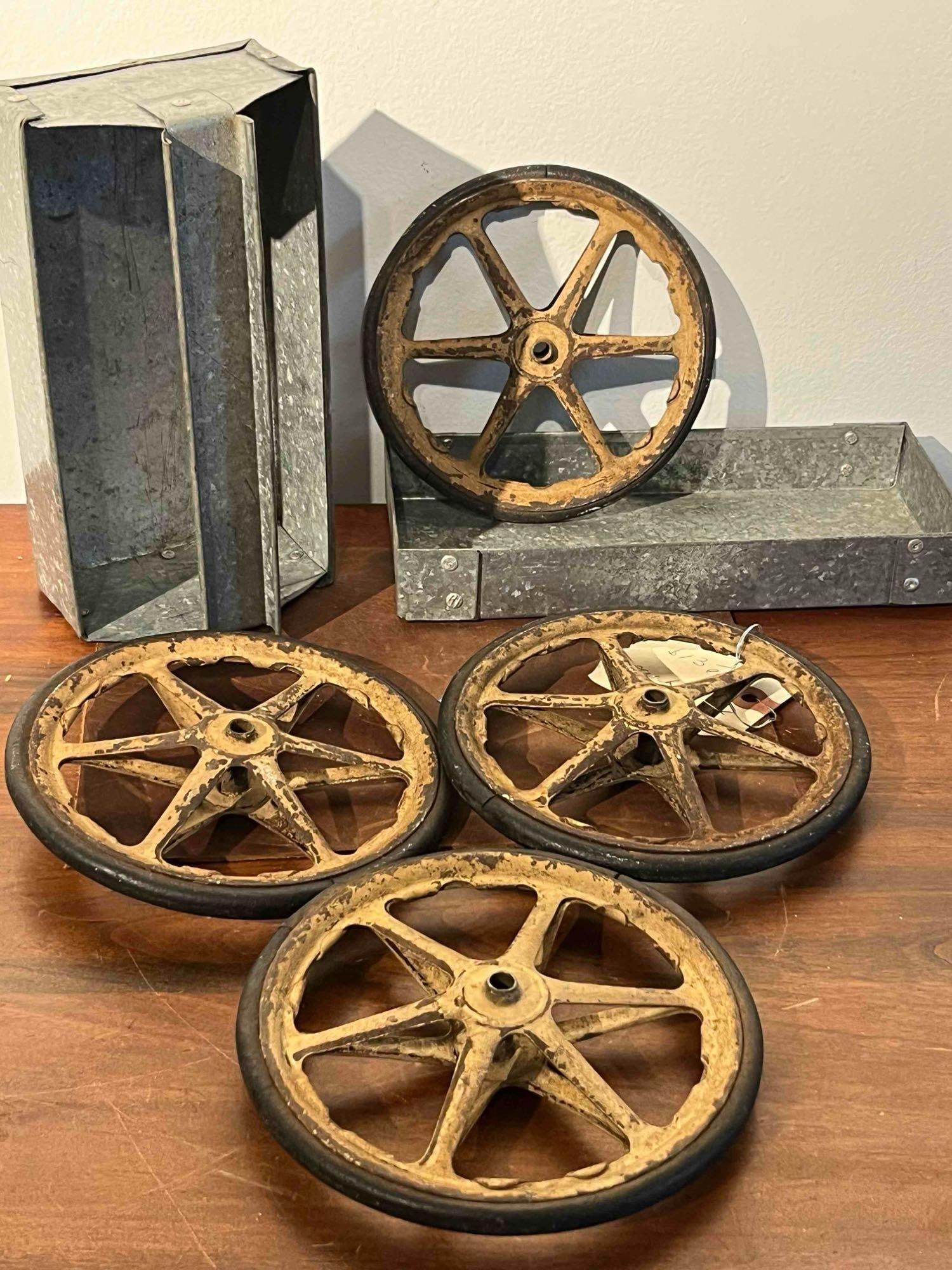 Set 4 Cast Iron Wheels & 2 Steel Bins (1 of 6)