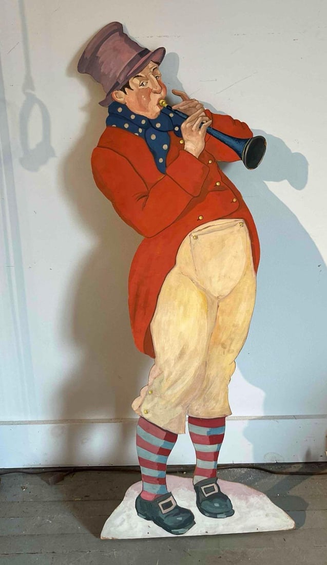 Hand-Painted Wood Musician Cutout: This is a large-scale, hand-painted wooden cutout figure executed in an illustrative folk art style. The piece depicts a whimsical male character in theatrical attire, featuring a red frock coat with