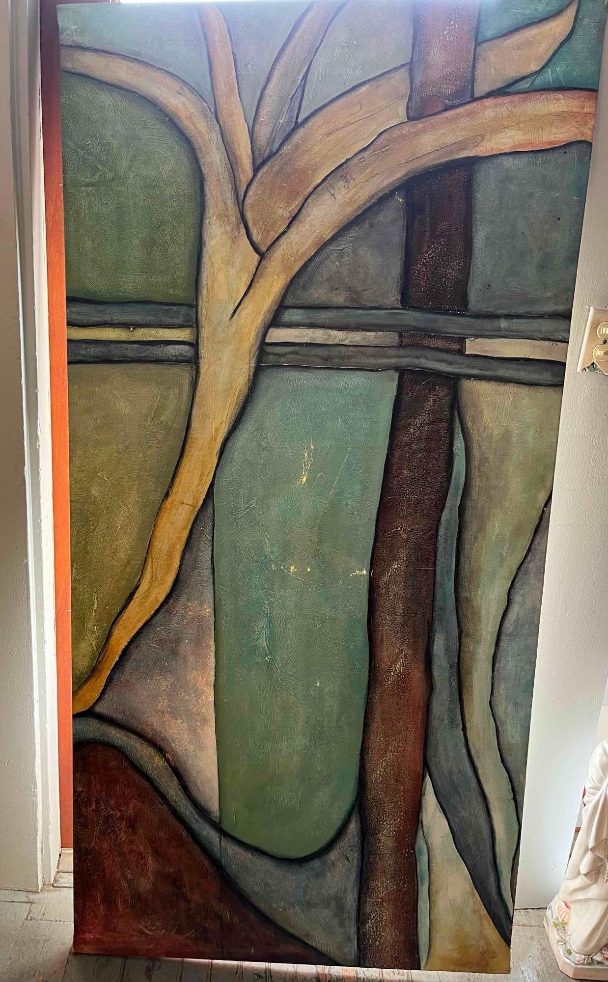Abstract Mixed Media Painting on Canvas: This large-scale vertical abstract painting is executed in mixed media on canvas. The composition features stylized, organic forms suggestive of a tree trunk and branches, overlaid on a backdrop of