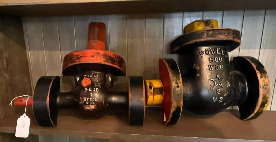 Pair Wm. Powell Wood Valve Patterns: This lot consists of a pair of mid-century industrial foundry patterns used in the sand-casting process for manufacturing metal valves. The pieces are constructed from carved and assembled wood,