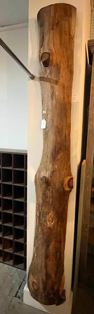 Wood Log Wall Column: A large-scale vertical decorative piece fashioned from a natural tree trunk section. The timber has been debarked and the surface finished to a smooth, warm brown luster. The reverse of the log is