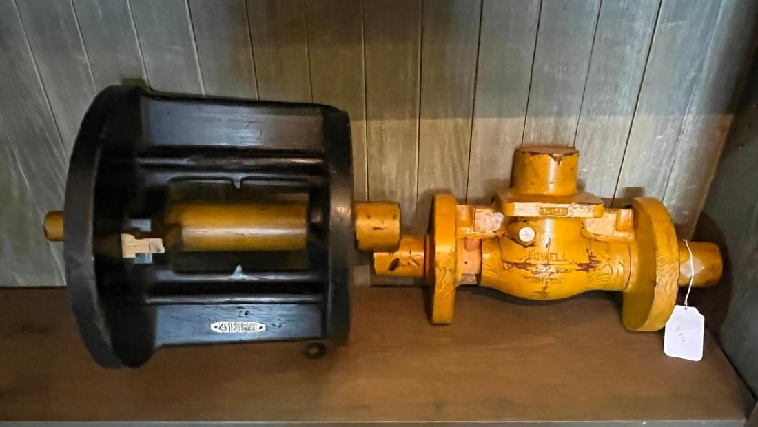 Pair Powell Valve Wood Foundry Patterns: This lot features two painted wooden foundry patterns, traditionally used as forms for sand casting metal industrial components. The first pattern consists of an open-frame cylindrical housing with