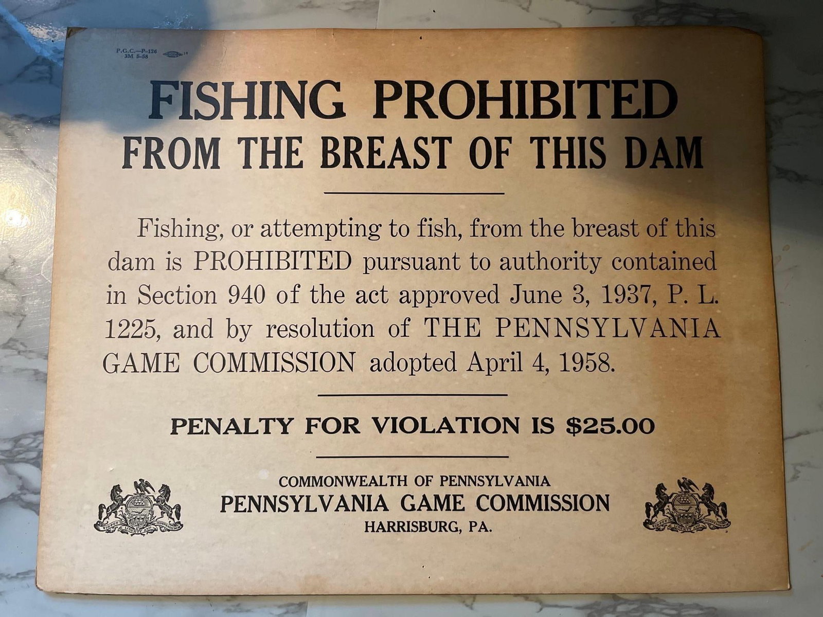 1958 PA Game Commission No Fishing Sign (1 of 3)