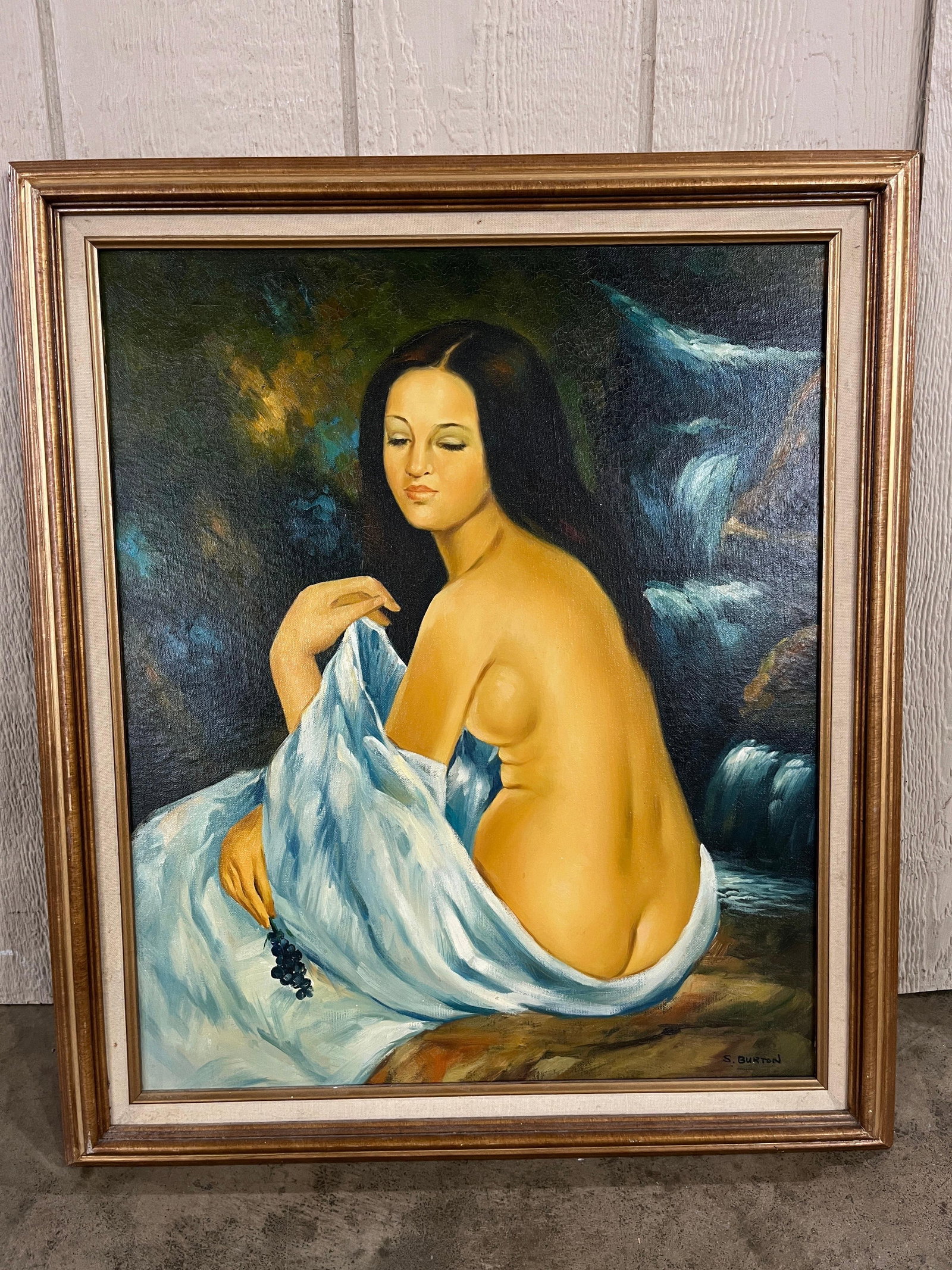 S. Burton Mid-C. O/C Nude w/ Grapes: A mid-century Mexican oil on canvas painting depicting a seated woman in partial artistic nudity. The figure is rendered with closed eyes and long dark hair, draped in a flowing light blue cloth